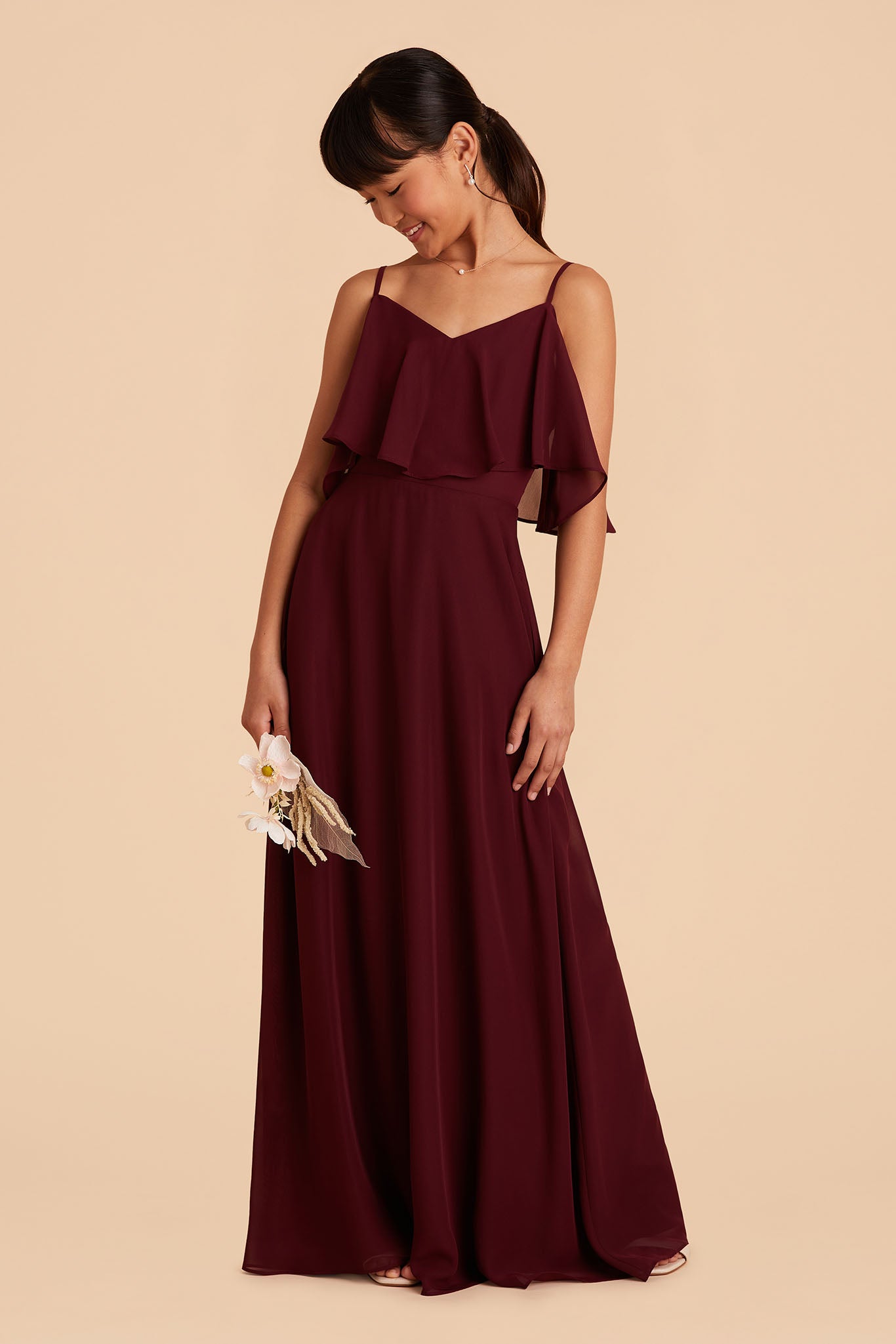 floor length sleeveless cabernet dark red convertible junior bridesmaid dress spaghetti strap with ruffles
