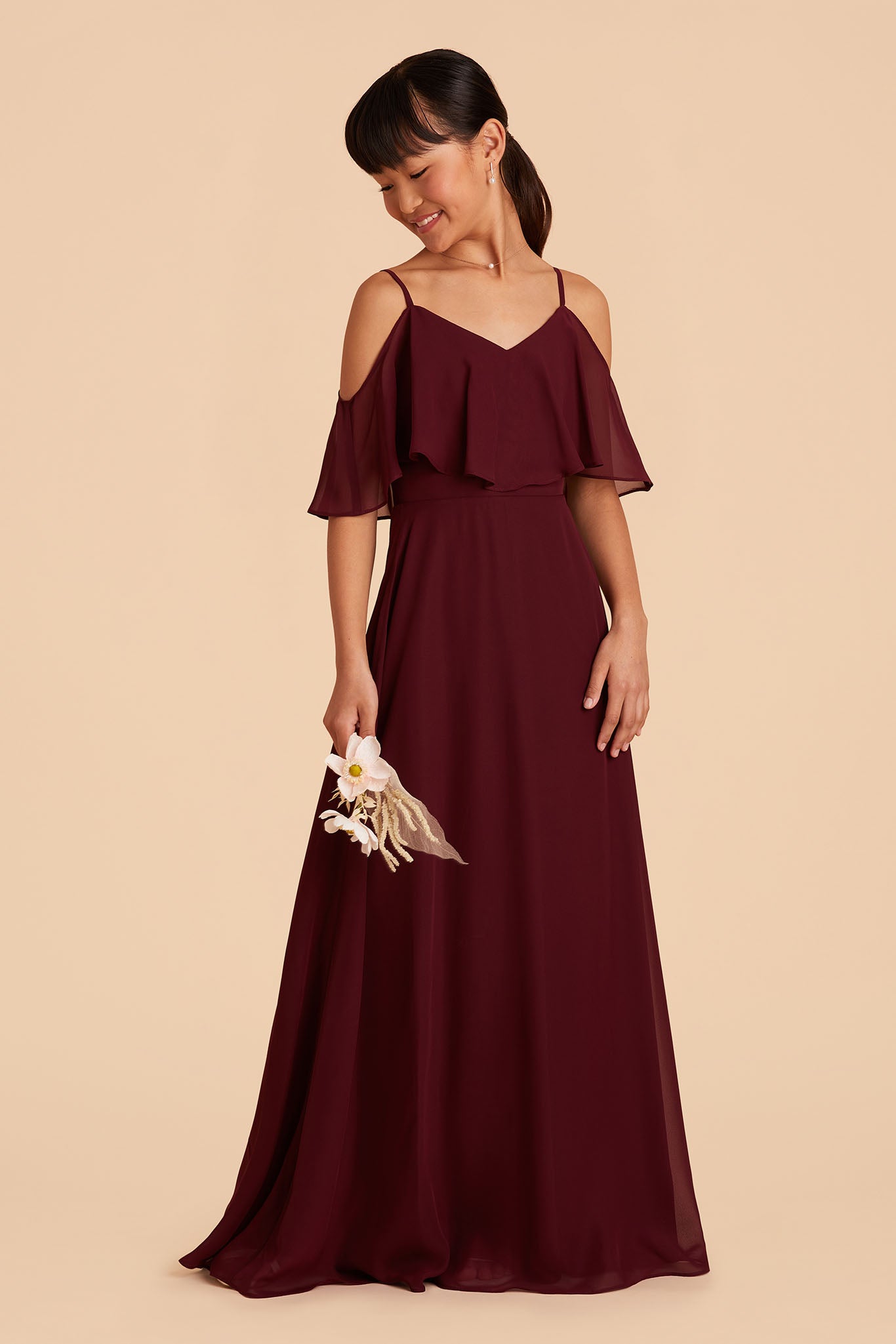 cold shoulder cabernet dark red convertible floor length junior bridesmaid dress with ruffles