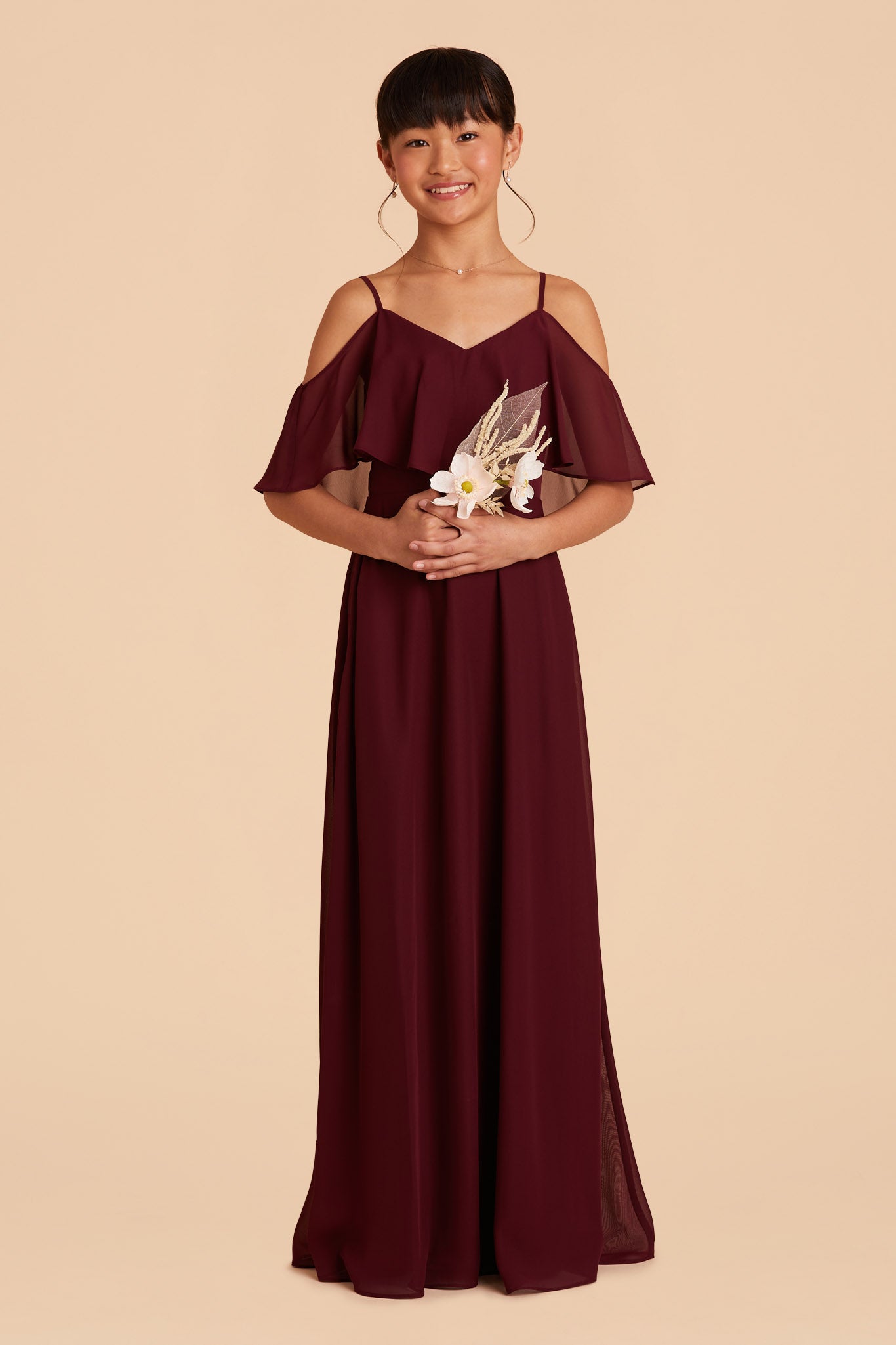 cold shoulder floor length cabernet dark red convertible junior bridesmaid dress with ruffles