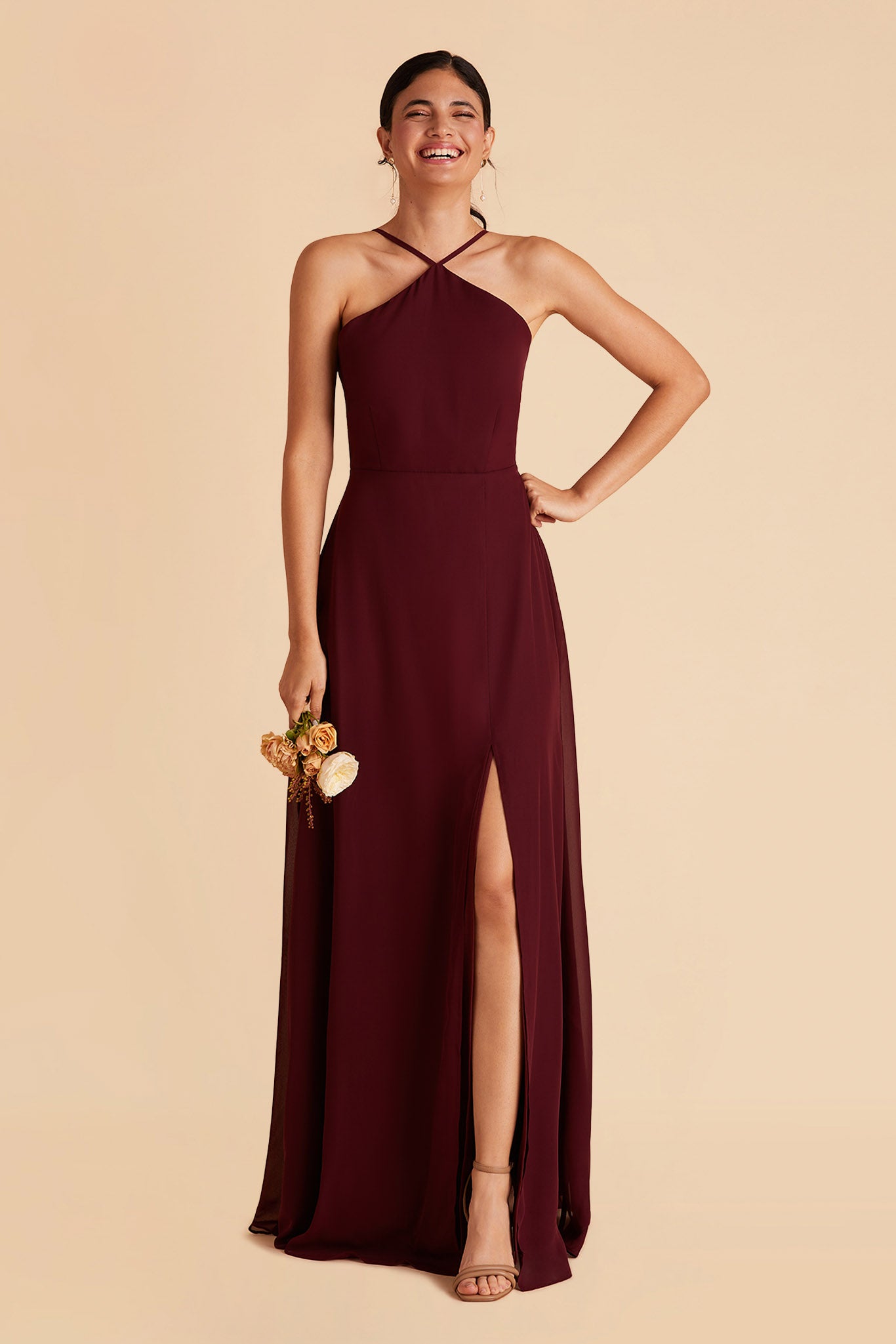 Juliet bridesmaid dress with slit in cabernet chiffon by Birdy Grey, front view