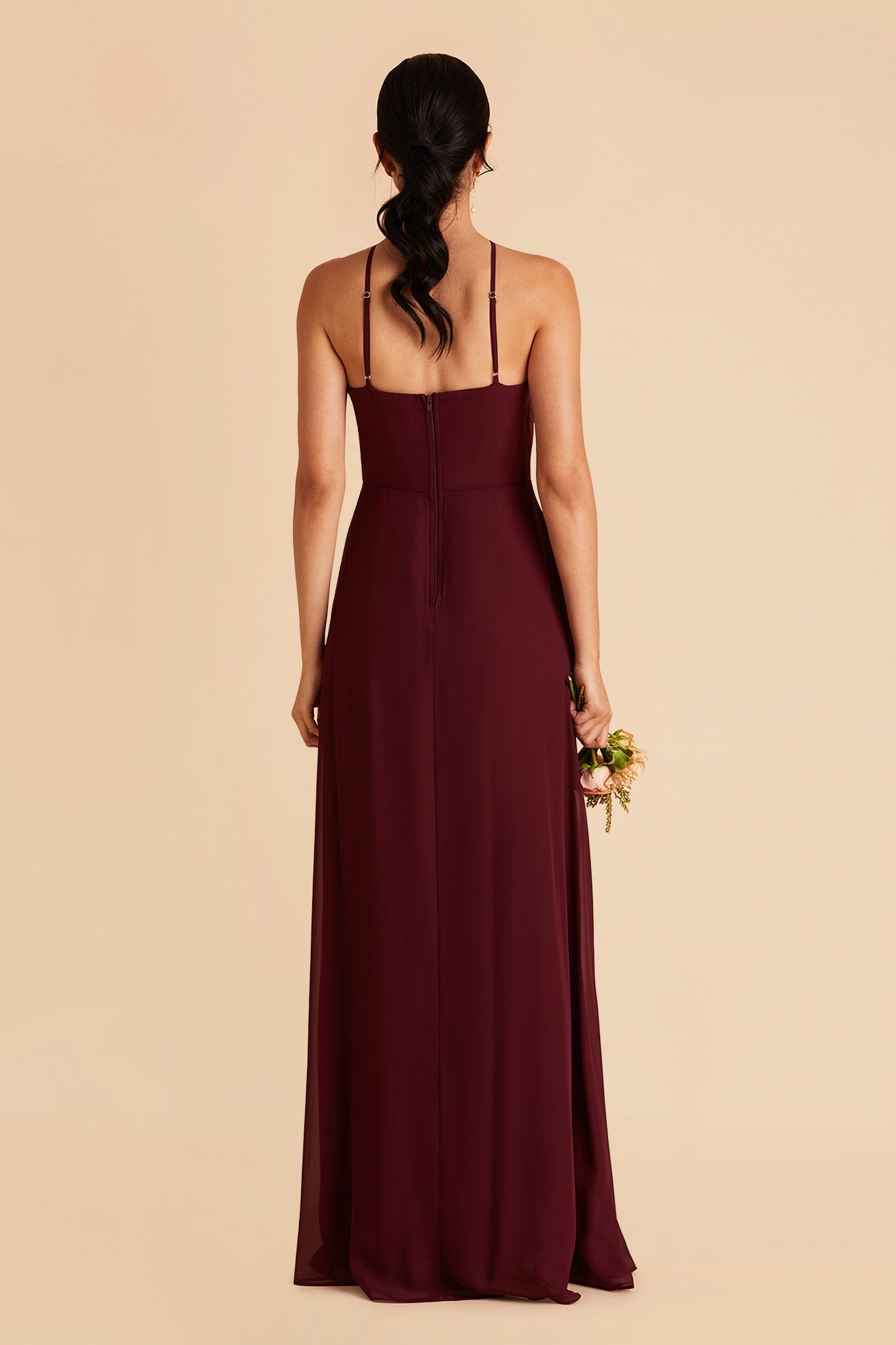 Juliet bridesmaid dress with slit in cabernet chiffon by Birdy Grey, back view