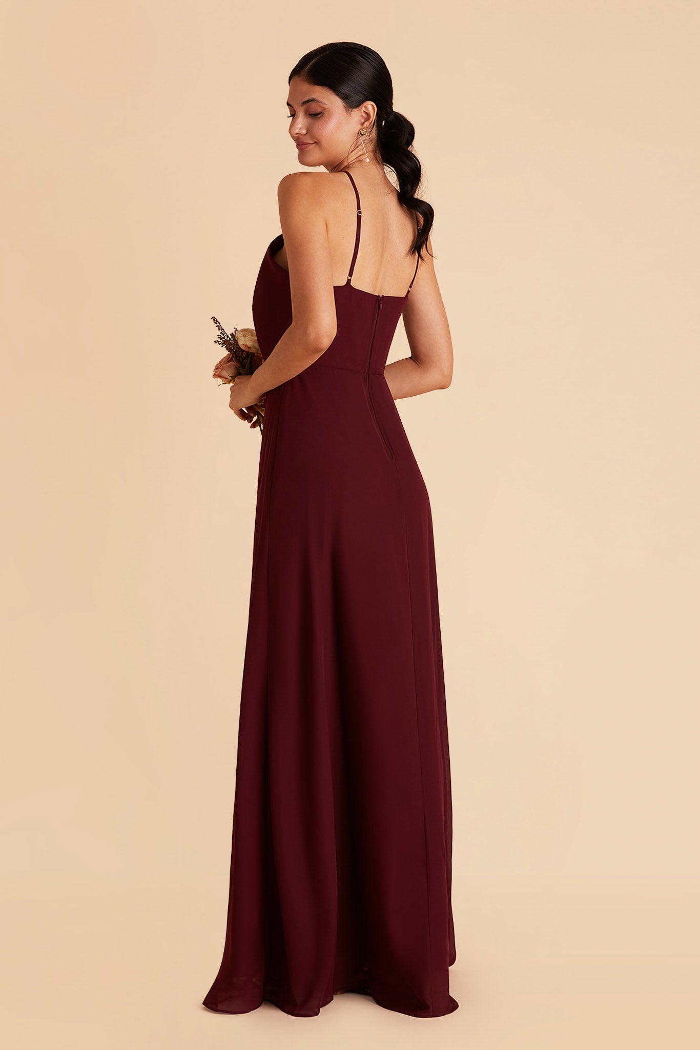 Juliet bridesmaid dress with slit in cabernet chiffon by Birdy Grey, front view