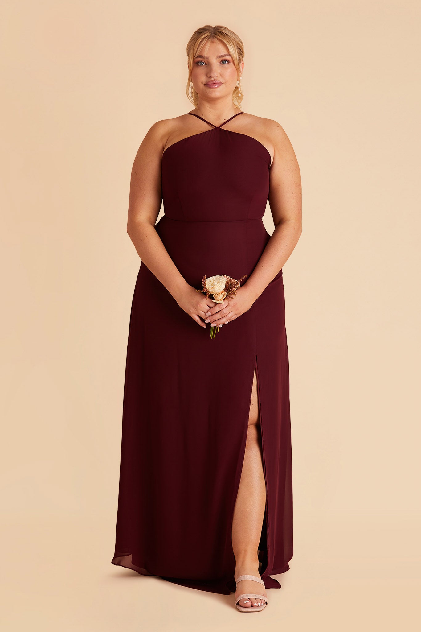 Juliet plus size bridesmaid dress with slit in cabernet chiffon by Birdy Grey, front view