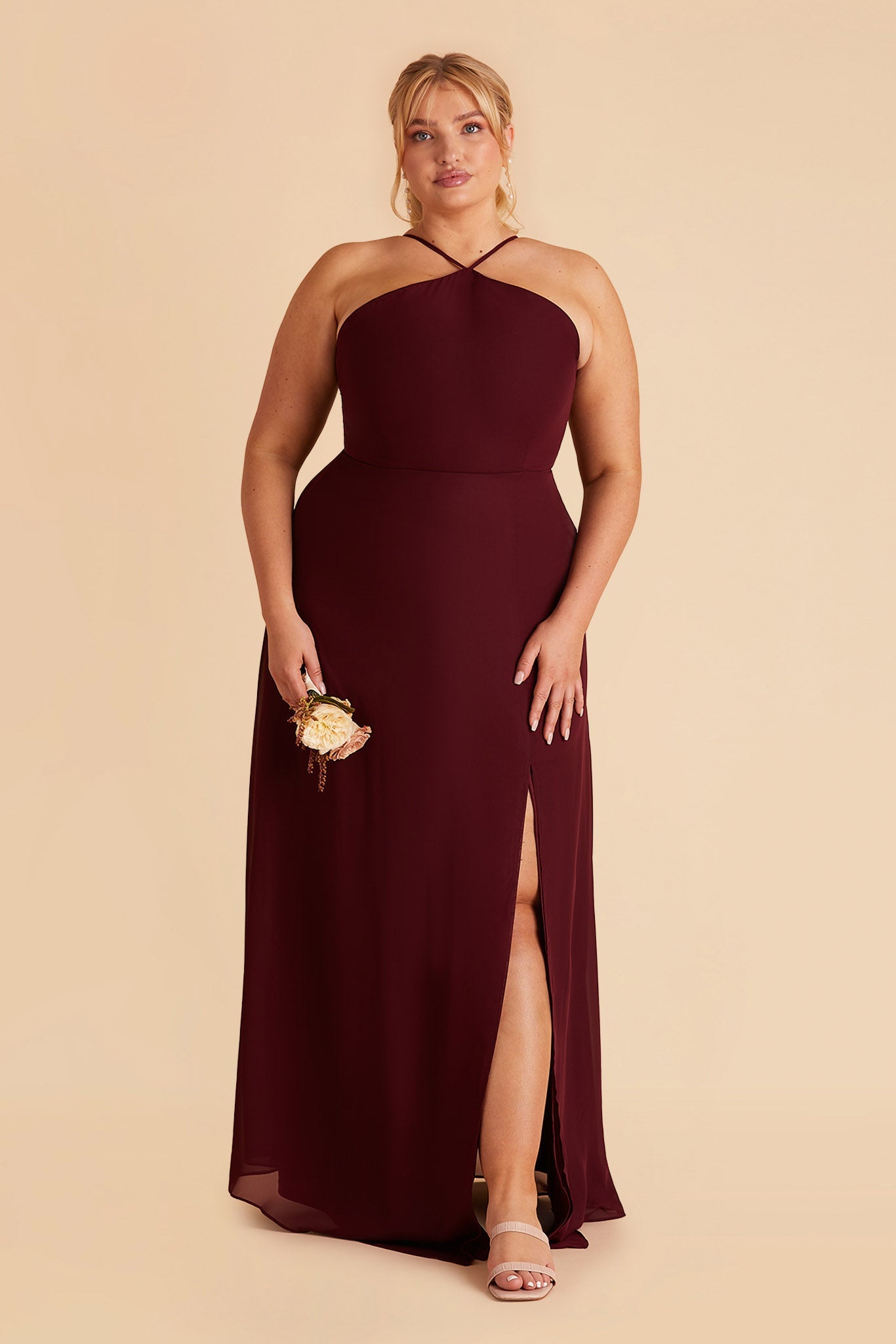 Juliet plus size bridesmaid dress with slit in cabernet chiffon by Birdy Grey, front view