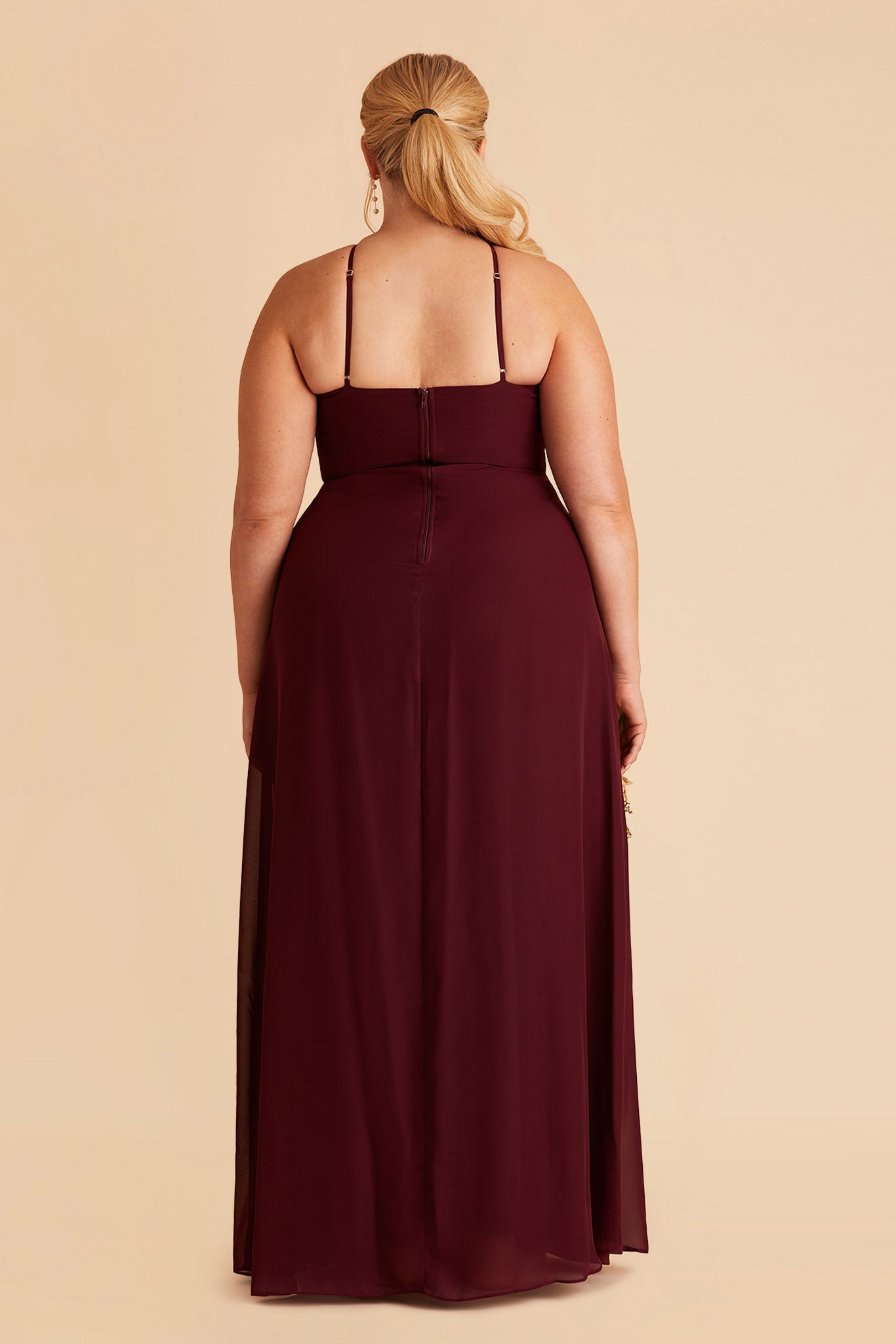 Juliet plus size bridesmaid dress with slit in cabernet chiffon by Birdy Grey, back view