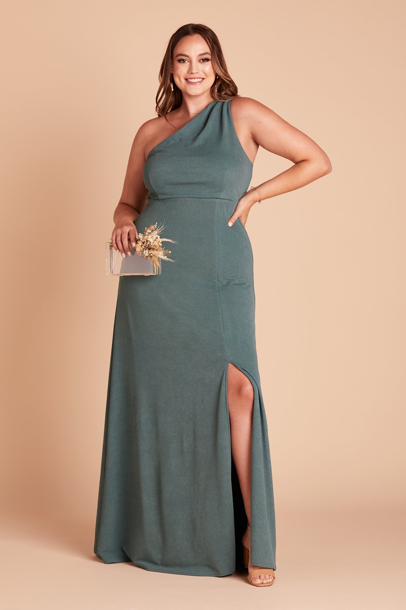 Kira plus size bridesmaid dress with slit in sea glass green crepe by Birdy Grey, front view