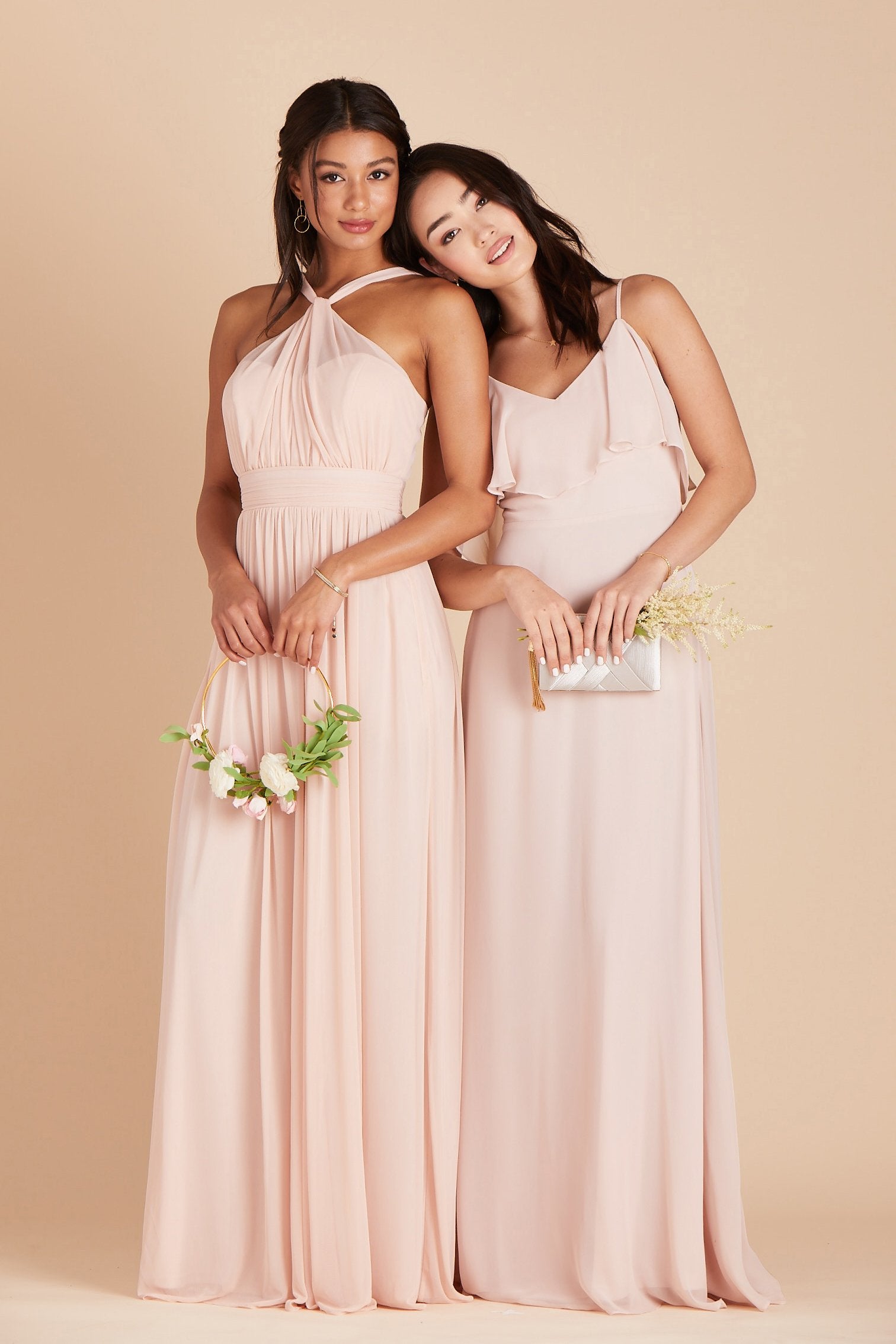 Jane convertible bridesmaid dress in pale blush chiffon by Birdy Grey, front view