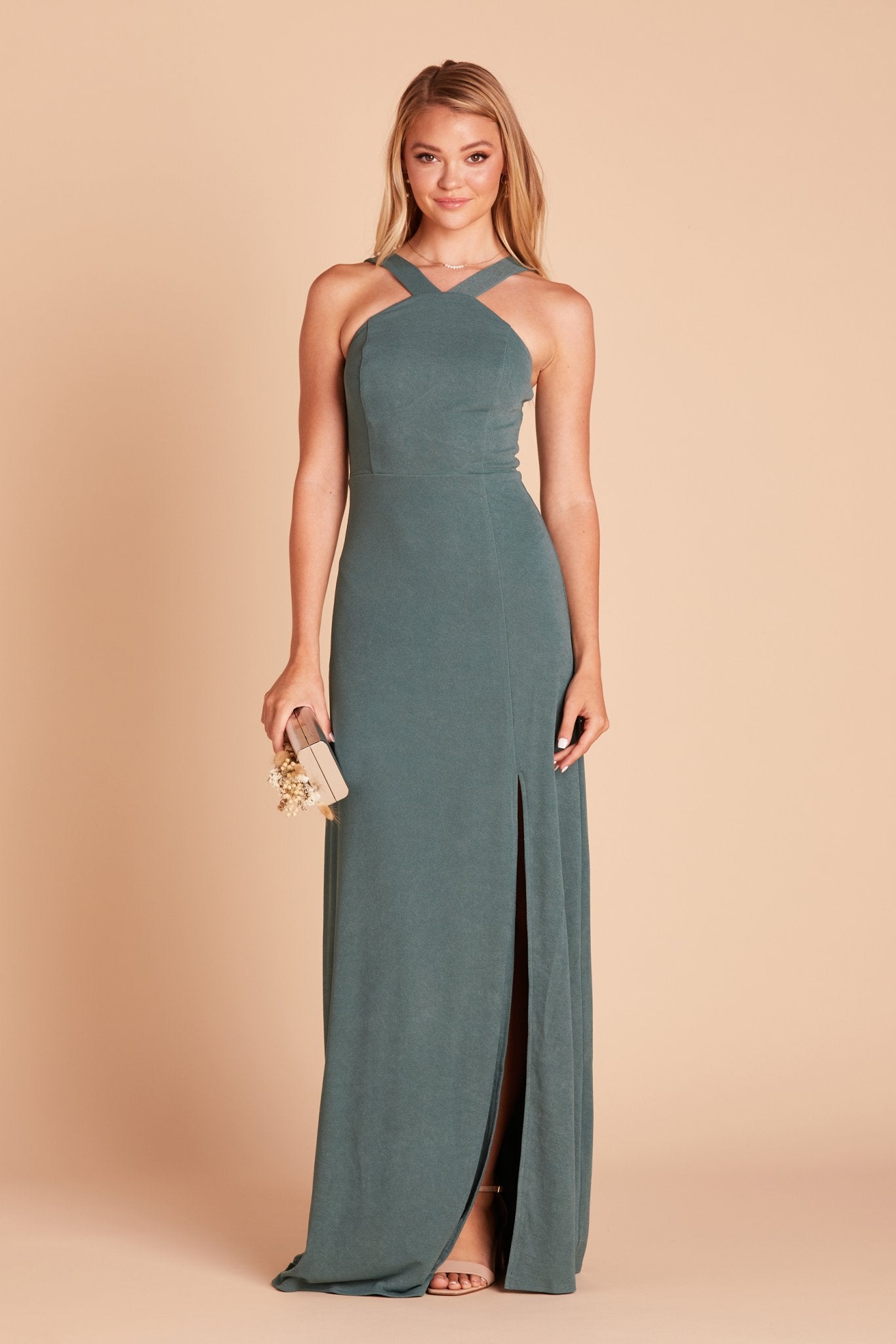 Gene bridesmaid dress with slit in sea glass crepe by Birdy Grey, front view