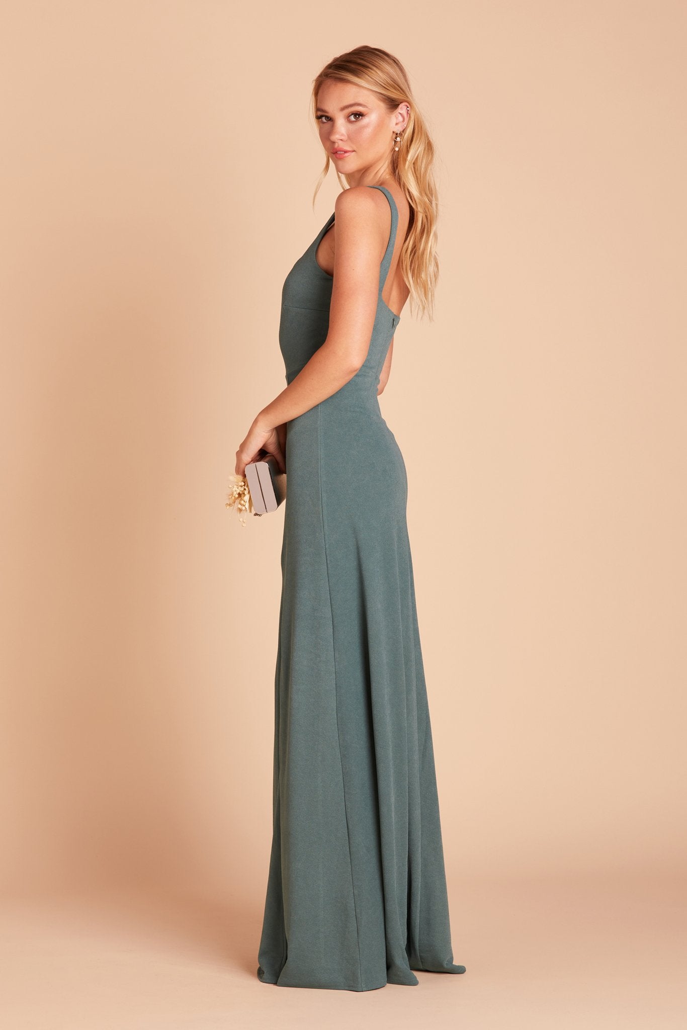 Alex convertible bridesmaid dress with slit in sea glass green crepe by Birdy Grey, side view
