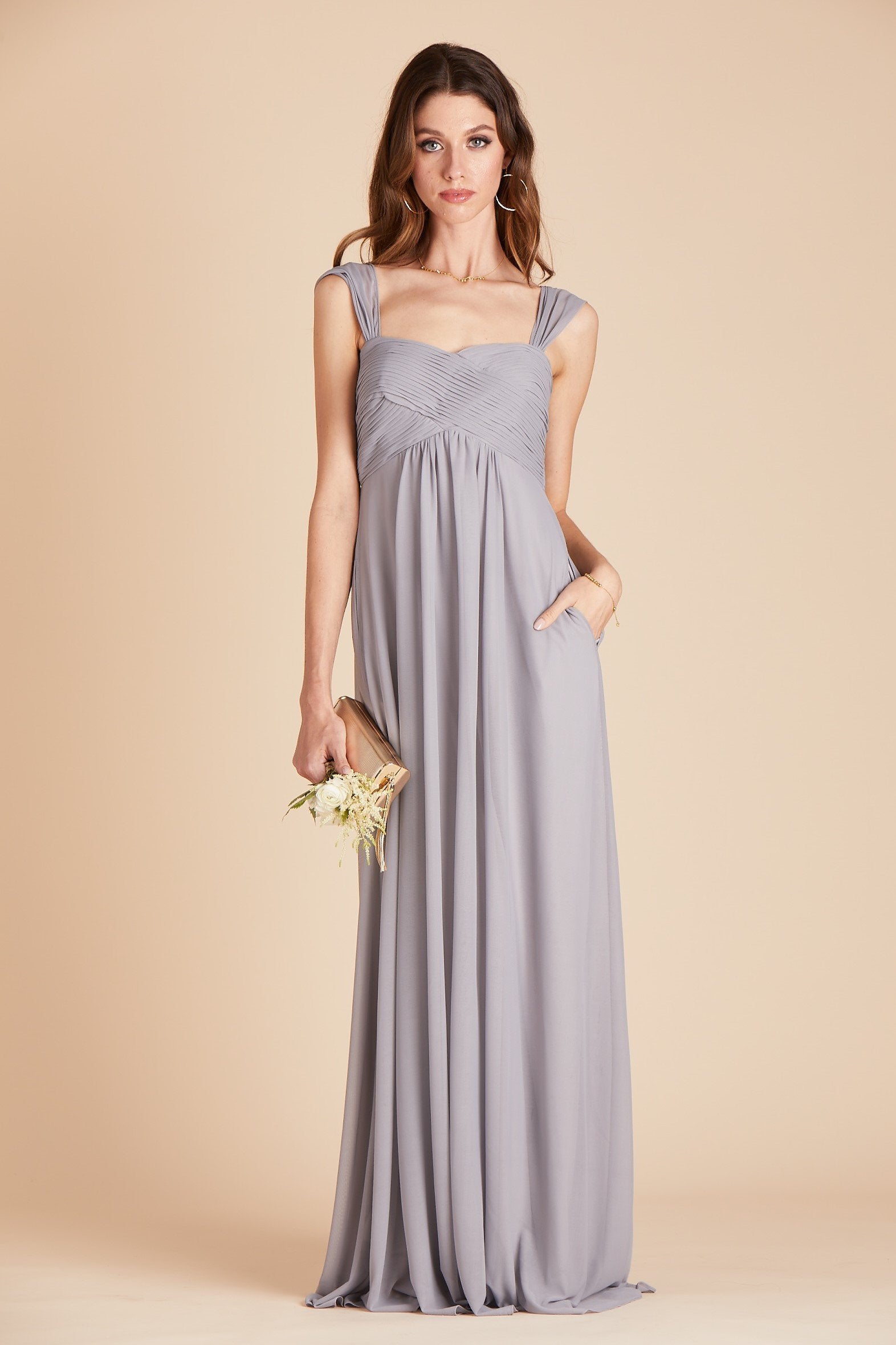 Maria convertible bridesmaids dress in silver mesh by Birdy Grey, front view with hand in pocket