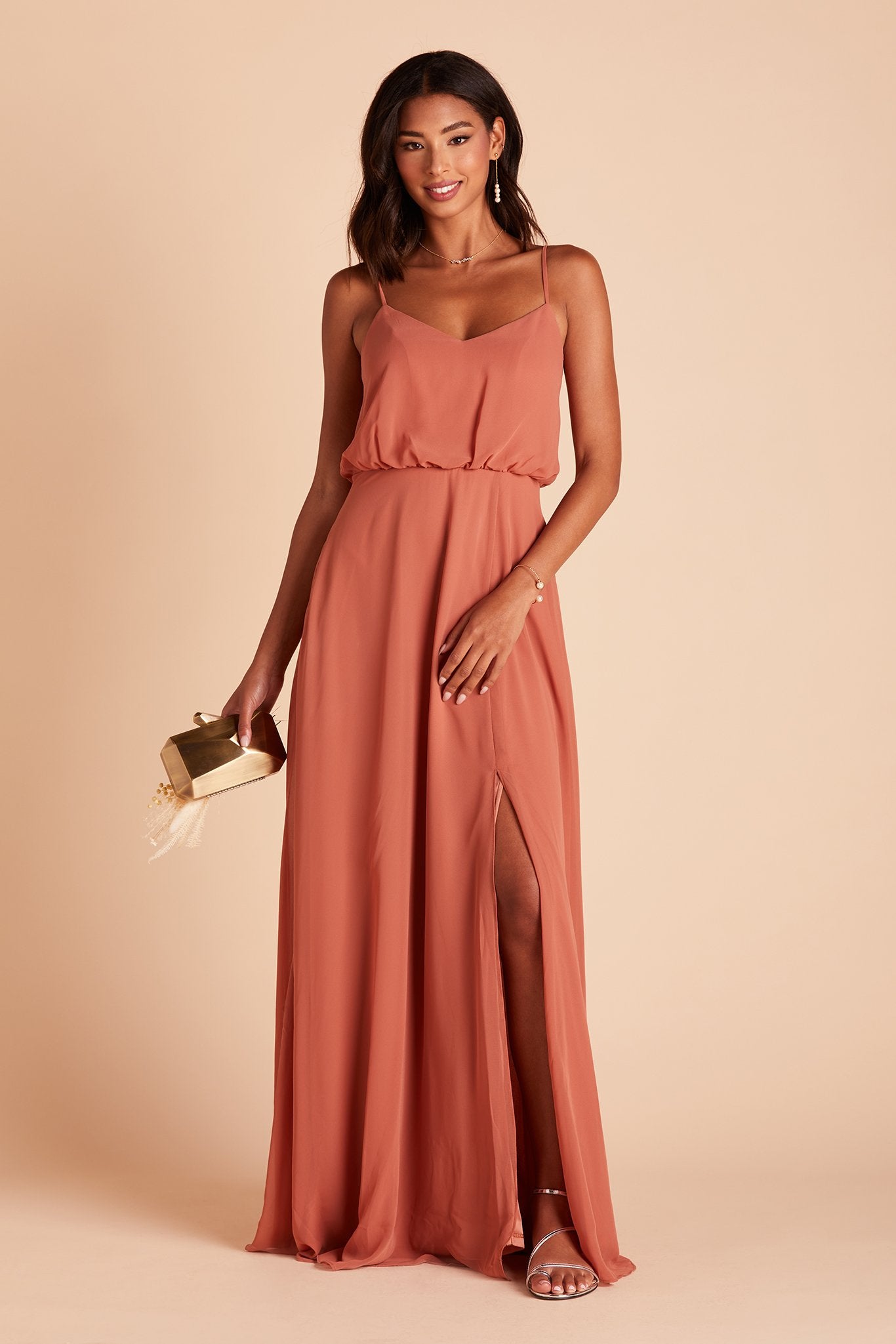 Gwennie bridesmaid dress with slit in terracotta chiffon by Birdy Grey, front view