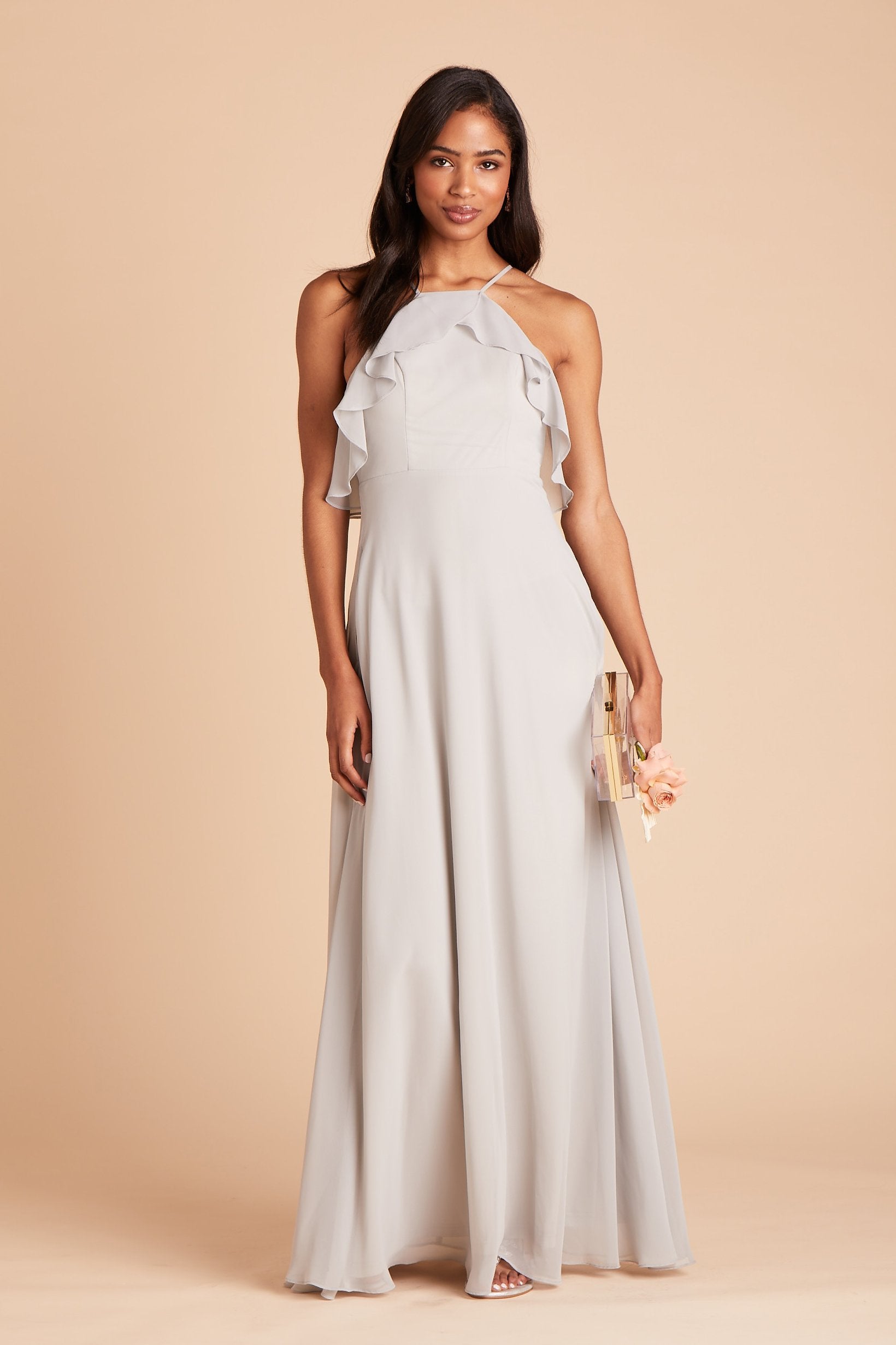 Jules bridesmaid dress in dove gray chiffon by Birdy Grey, front view