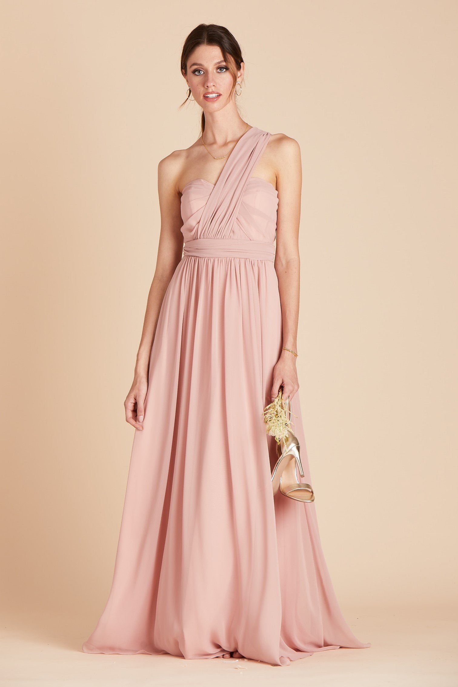 Front view of the Grace Convertible Dress in dusty rose chiffon worn by a slender model with a light skin tone. 