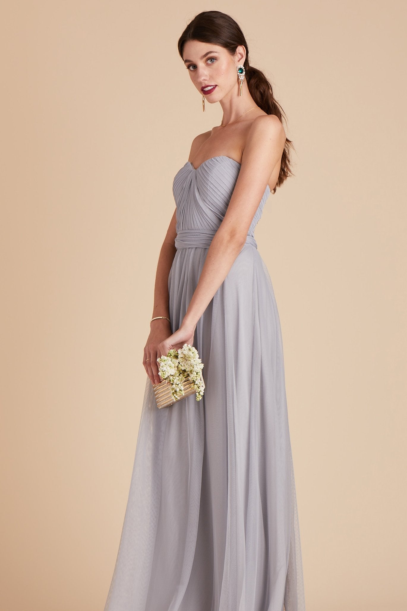 Christina convertible bridesmaid dress in silver tulle by Birdy Grey, side view