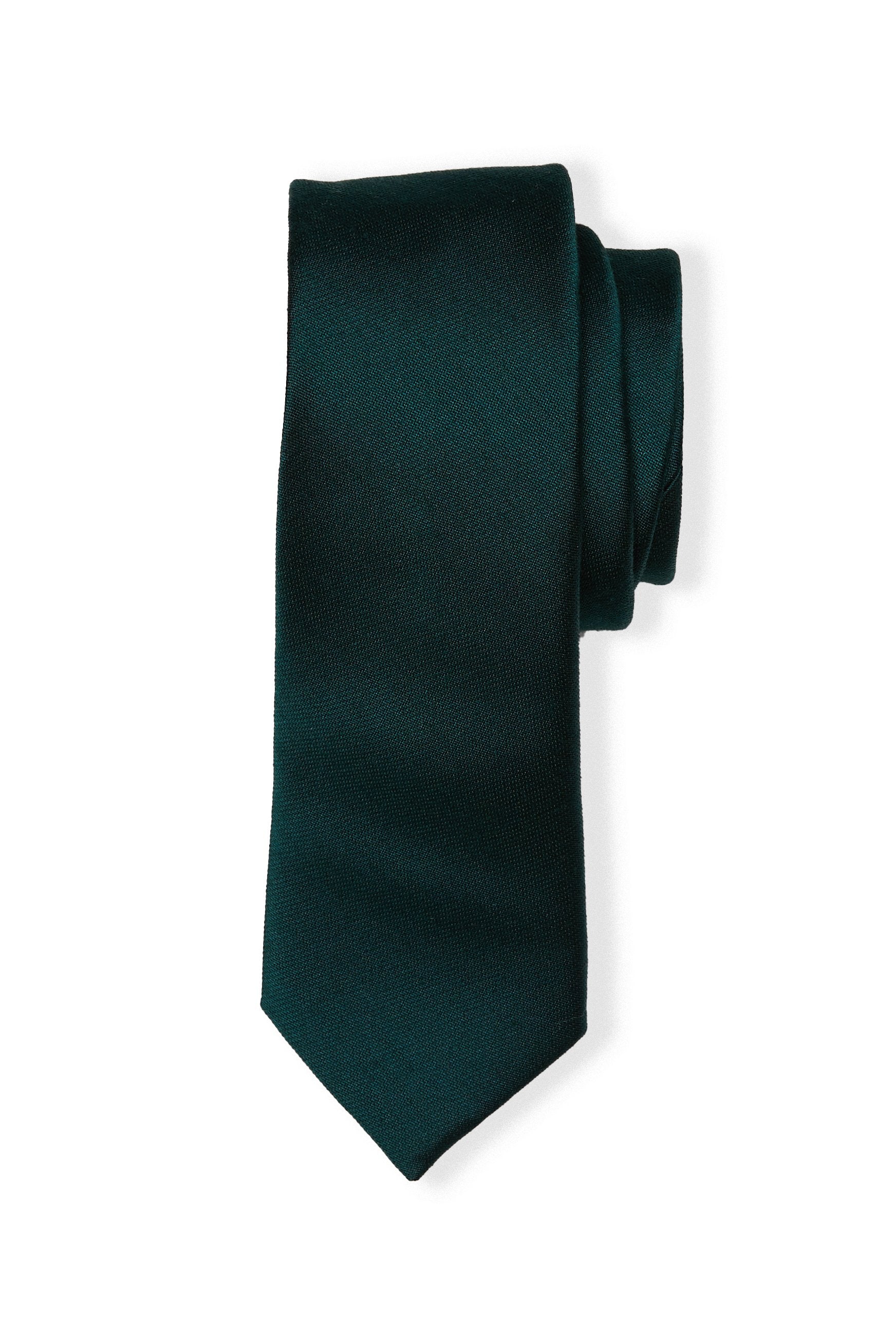 Front close up view of the Simon Necktie in emerald rolled up with the pointed necktie end extended showing the material texture and sheen.