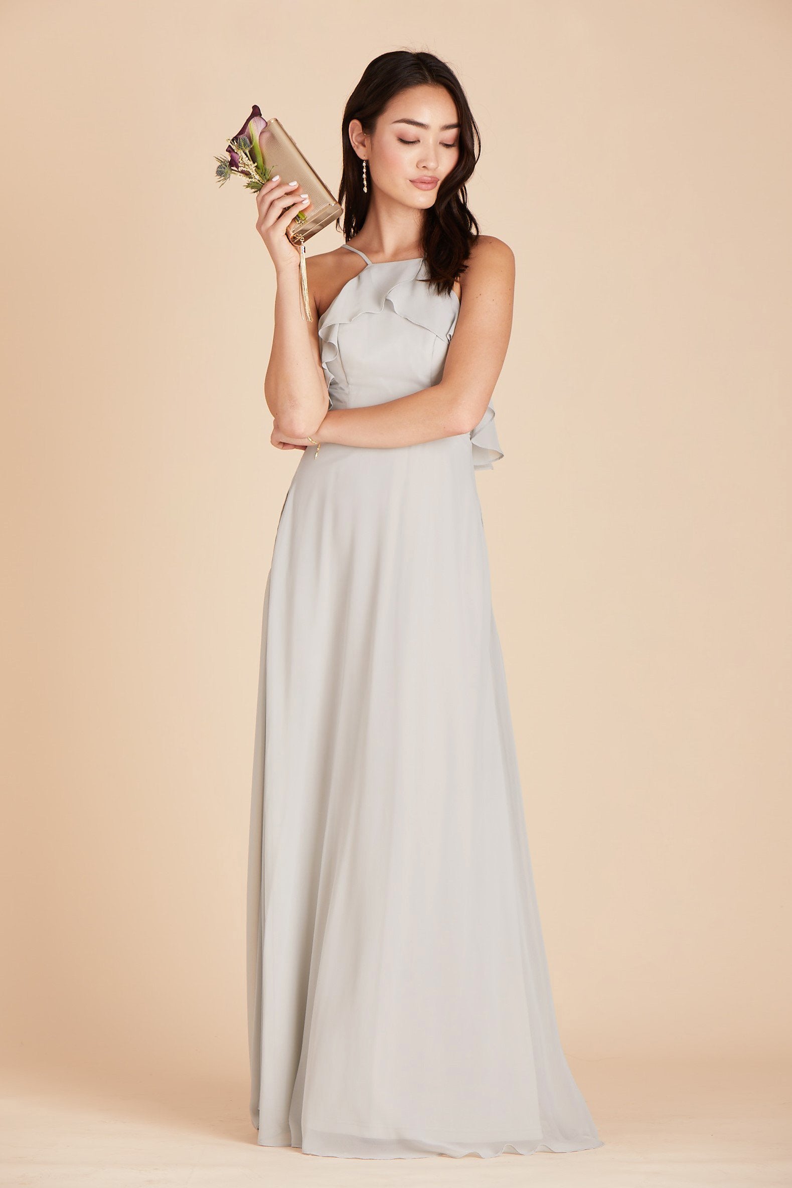 Jules bridesmaid dress in dove gray chiffon by Birdy Grey, front view