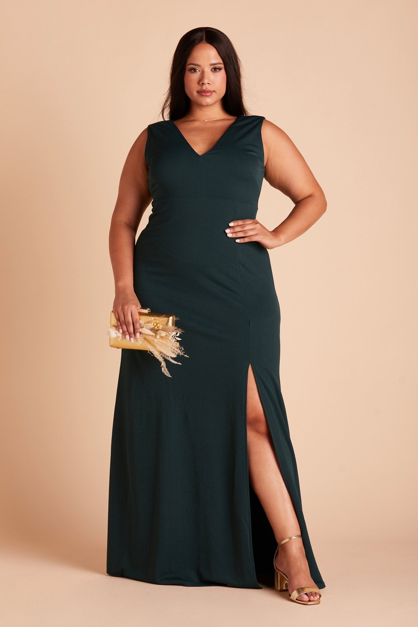 Shamin plus size bridesmaid dress with slit in emerald green chiffon by Birdy Grey, front view