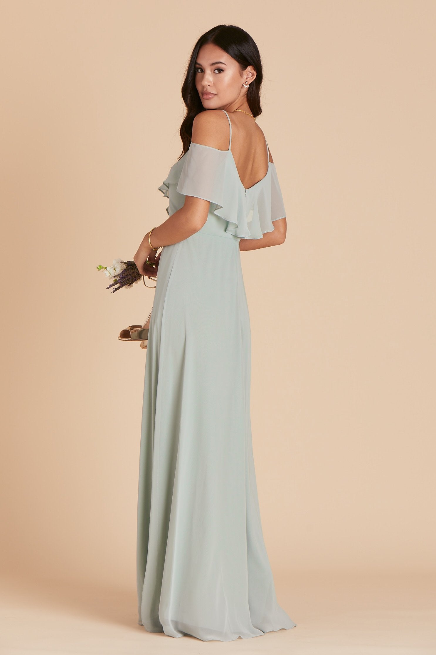 Jane convertible bridesmaid dress in sage green chiffon by Birdy Grey, side view