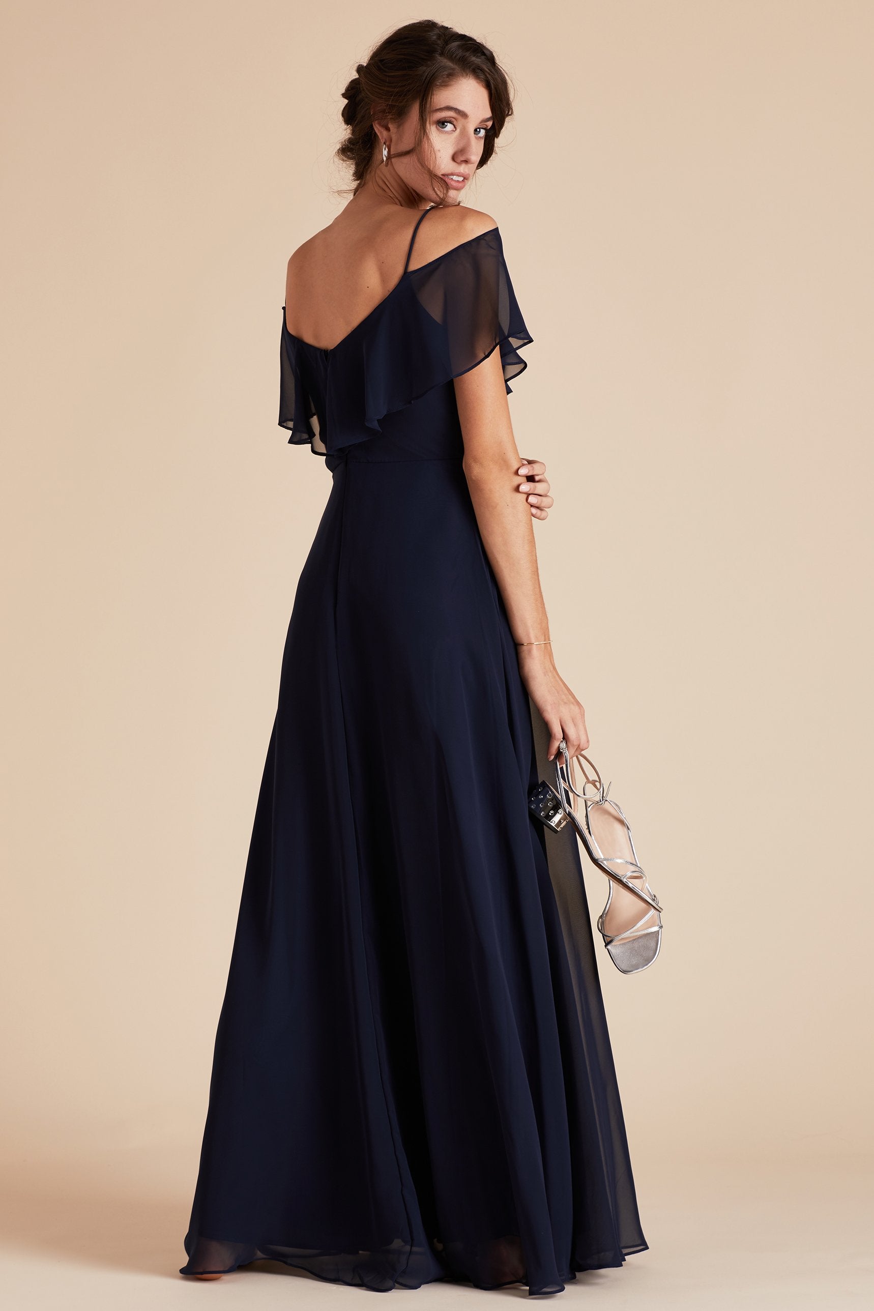Jane convertible bridesmaid dress in navy blue chiffon by Birdy Grey, side view