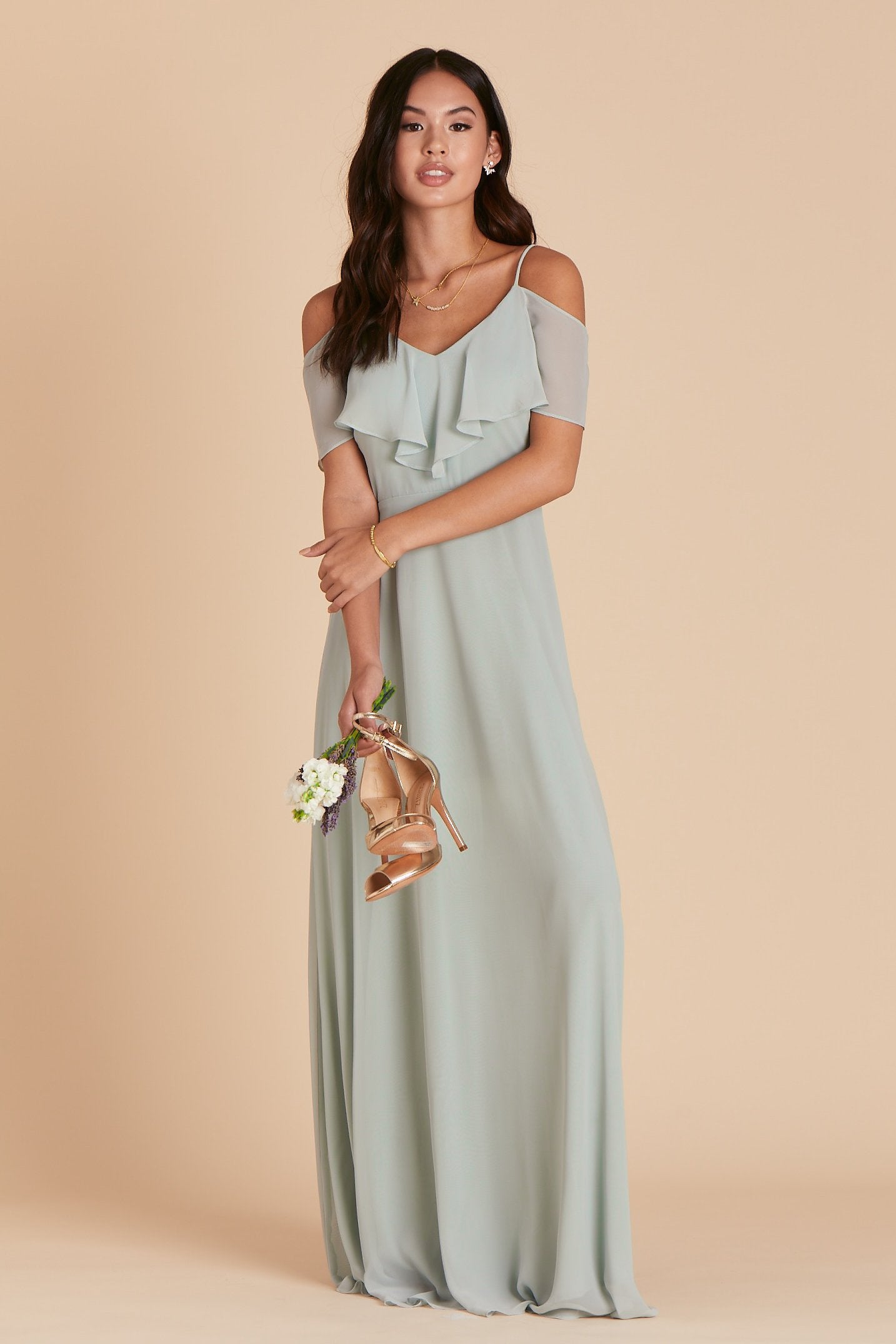 Jane convertible bridesmaid dress in sage green chiffon by Birdy Grey, front view
