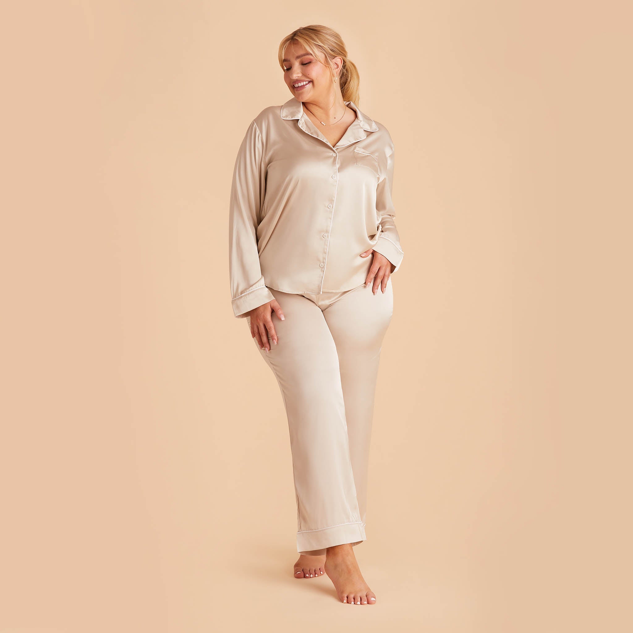 Jonny Plus Size Satin Long Sleeve Pajama Top With White Piping in champagne, front view