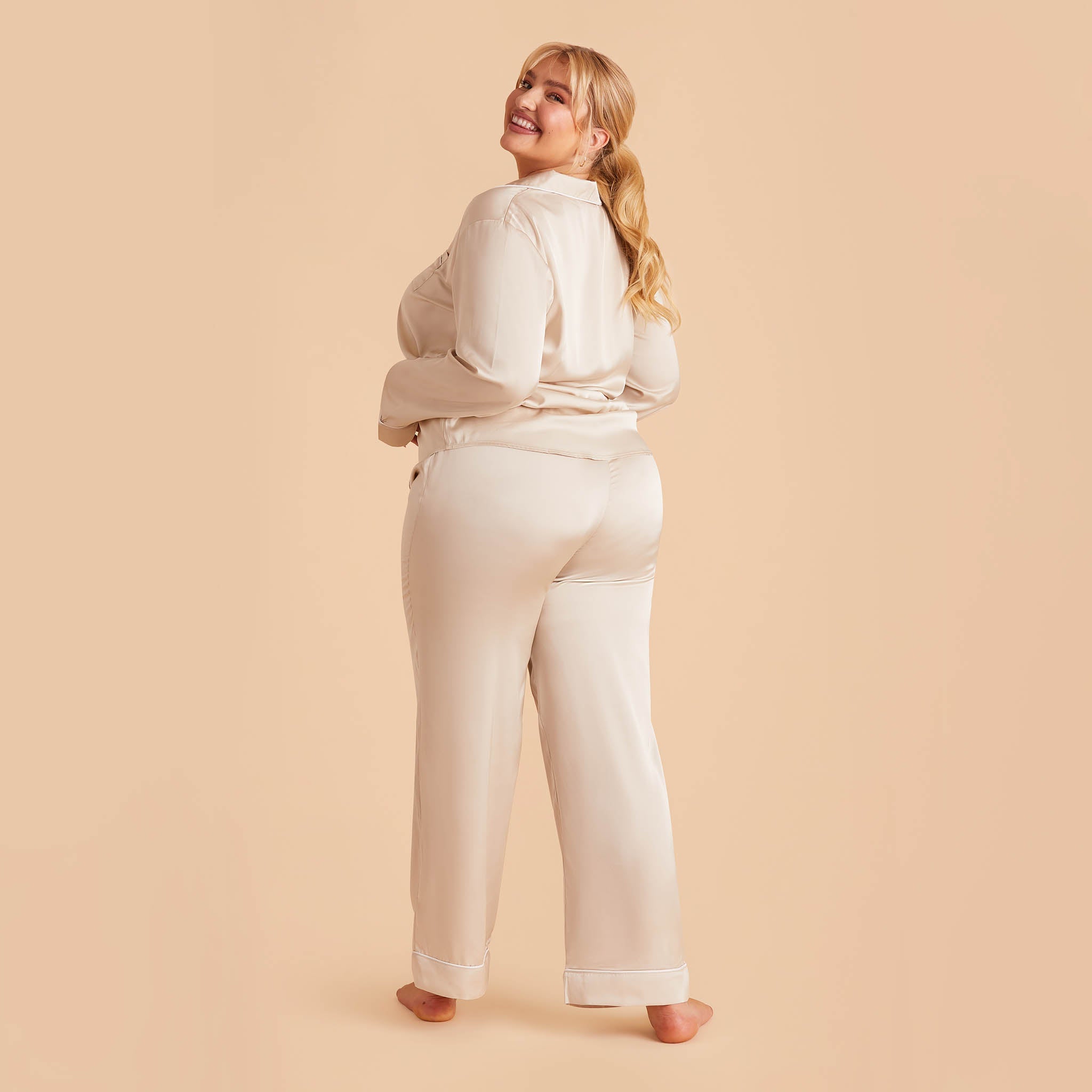 Jonny Plus Size Satin Long Sleeve Pajama Top With White Piping in champagne, back view