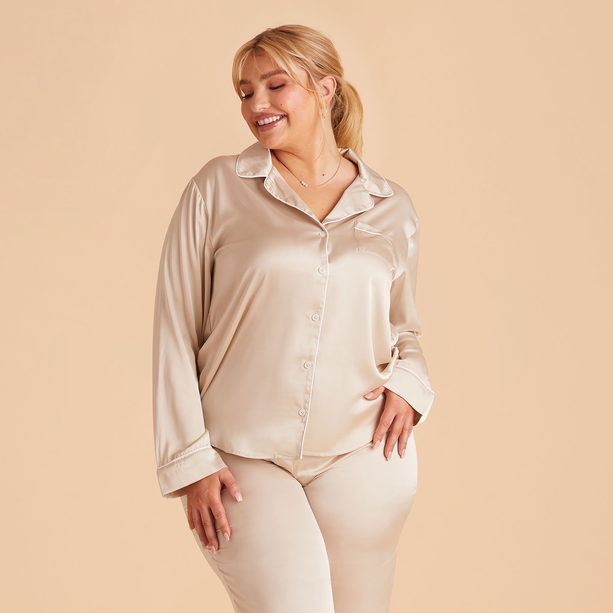 Jonny Plus Size Satin Long Sleeve Pajama Top With White Piping in champagne, front view