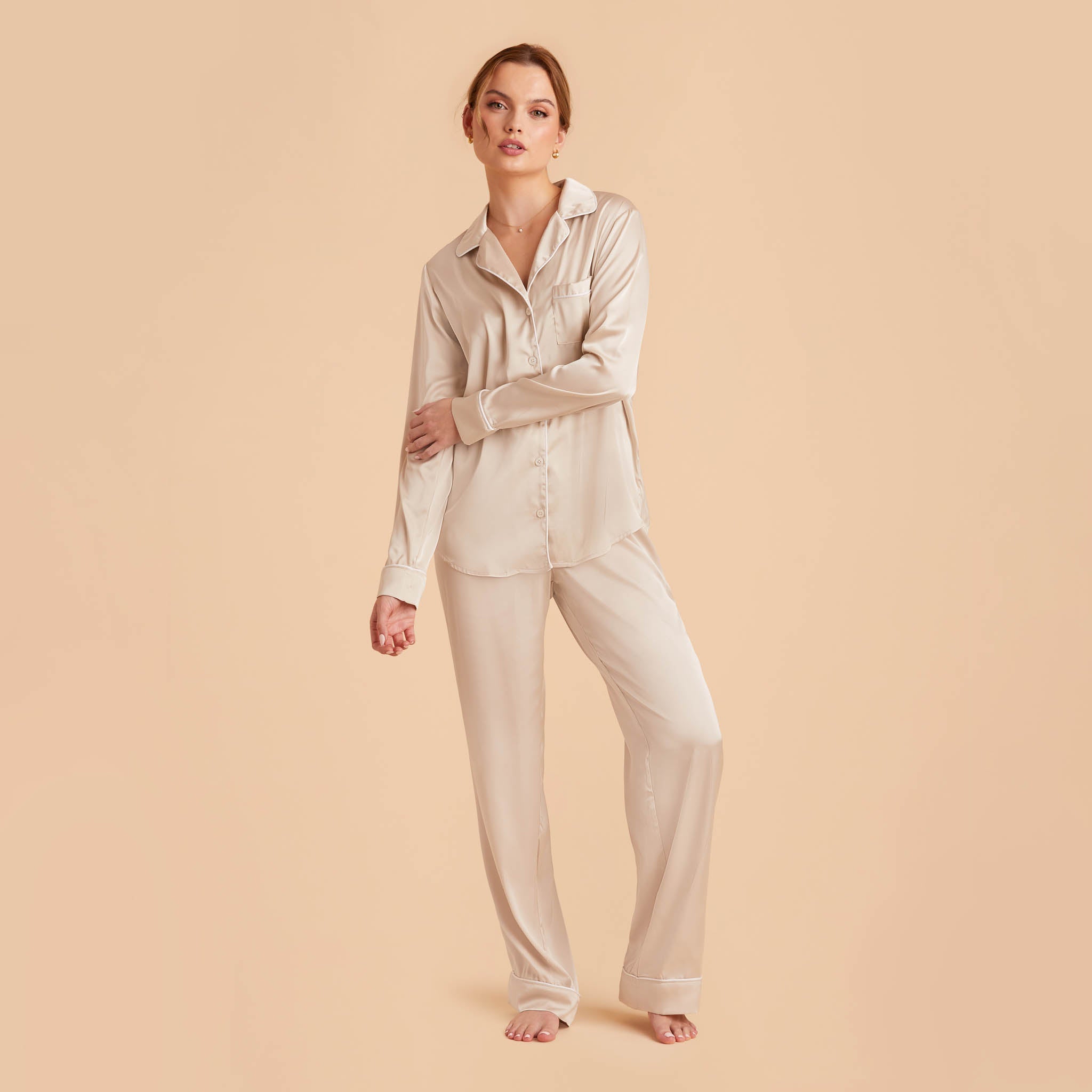Jonny Satin Long Sleeve Pajama Top With White Piping in champagne, front view