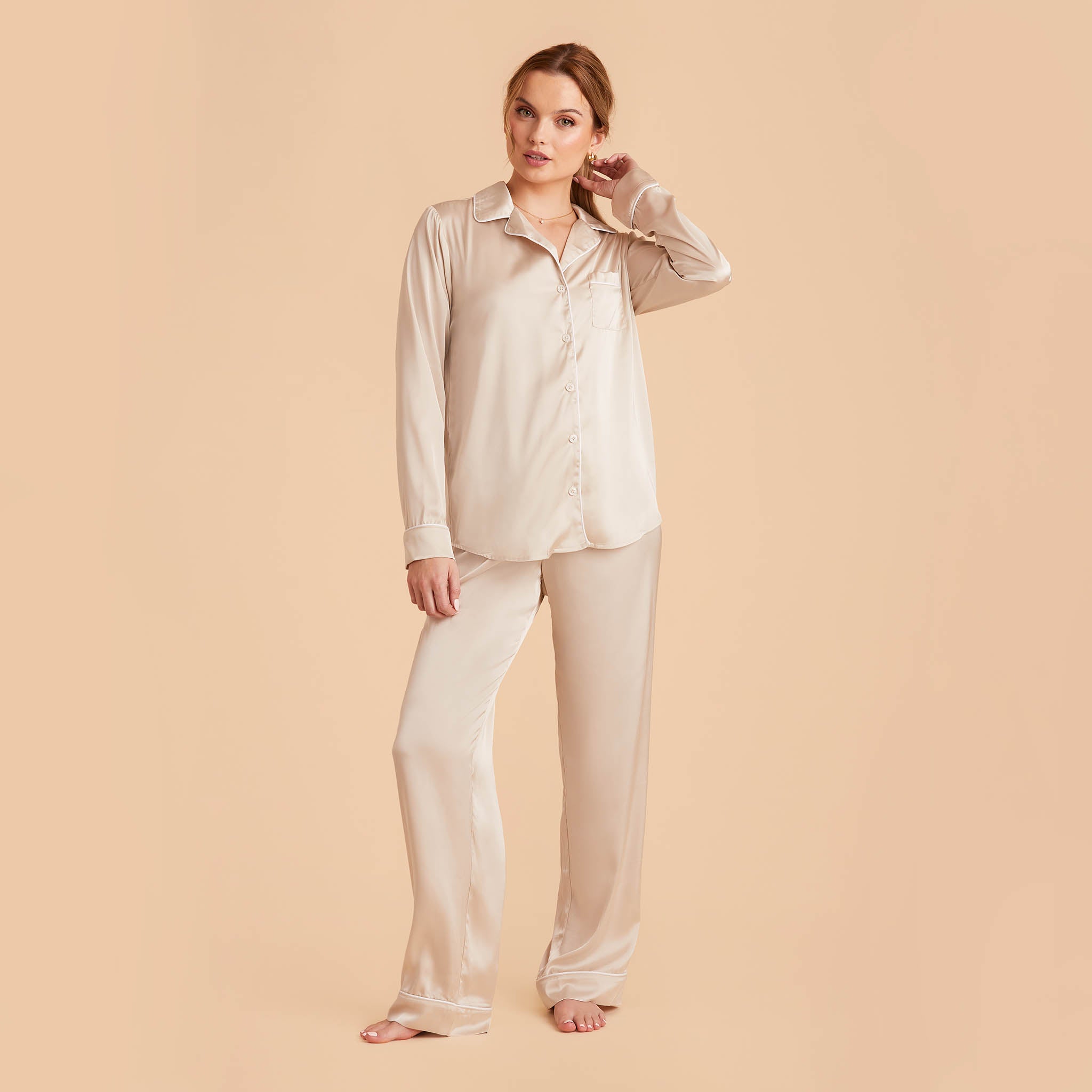 Jonny Satin Long Sleeve Pajama Top With White Piping in champagne, front view