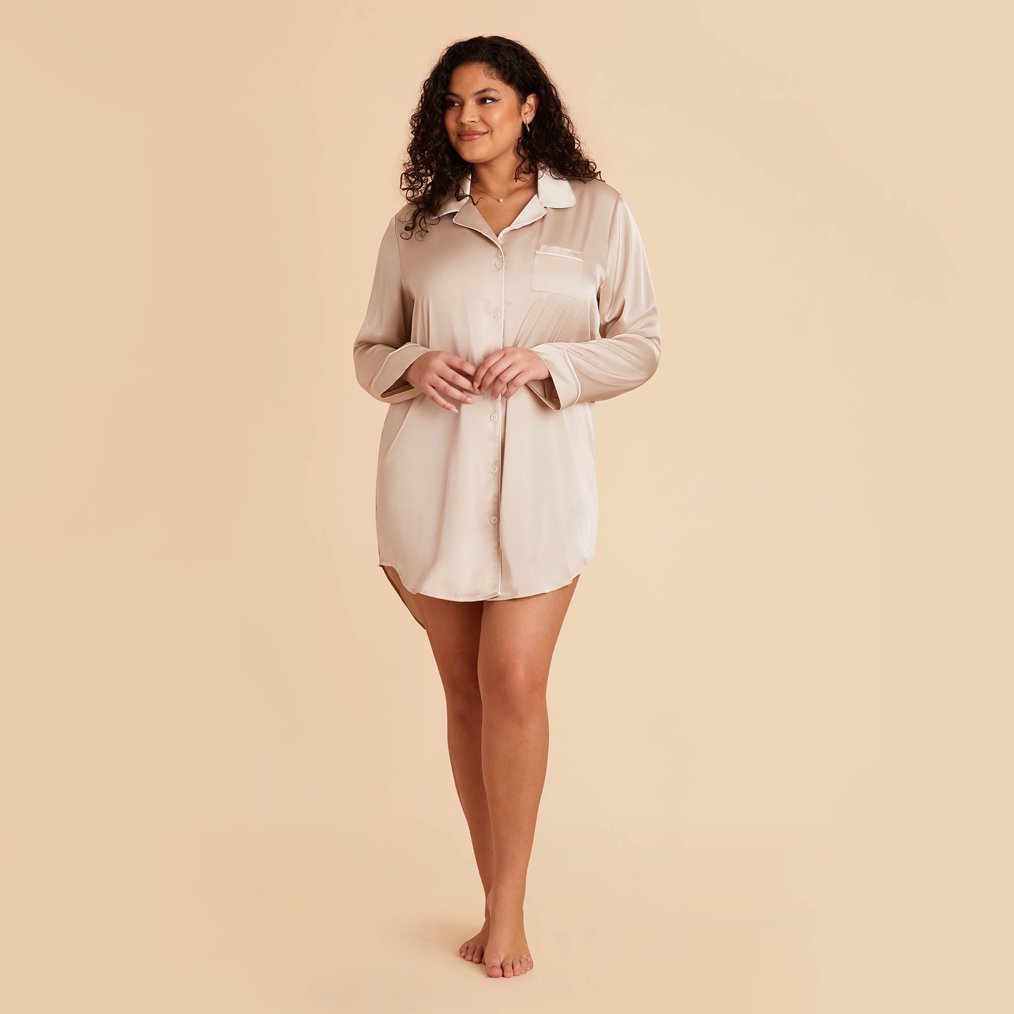 Plus Size Satin Sleepshirt in champagne by Birdy Grey, front view