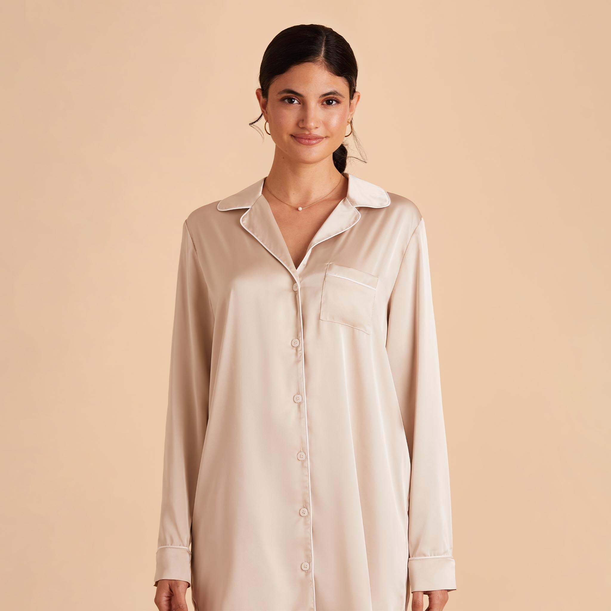 Satin Sleepshirt in champagne by Birdy Grey, front view