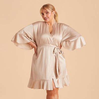 Kenny Ruffle Robe in champagne satin by Birdy Grey, front view