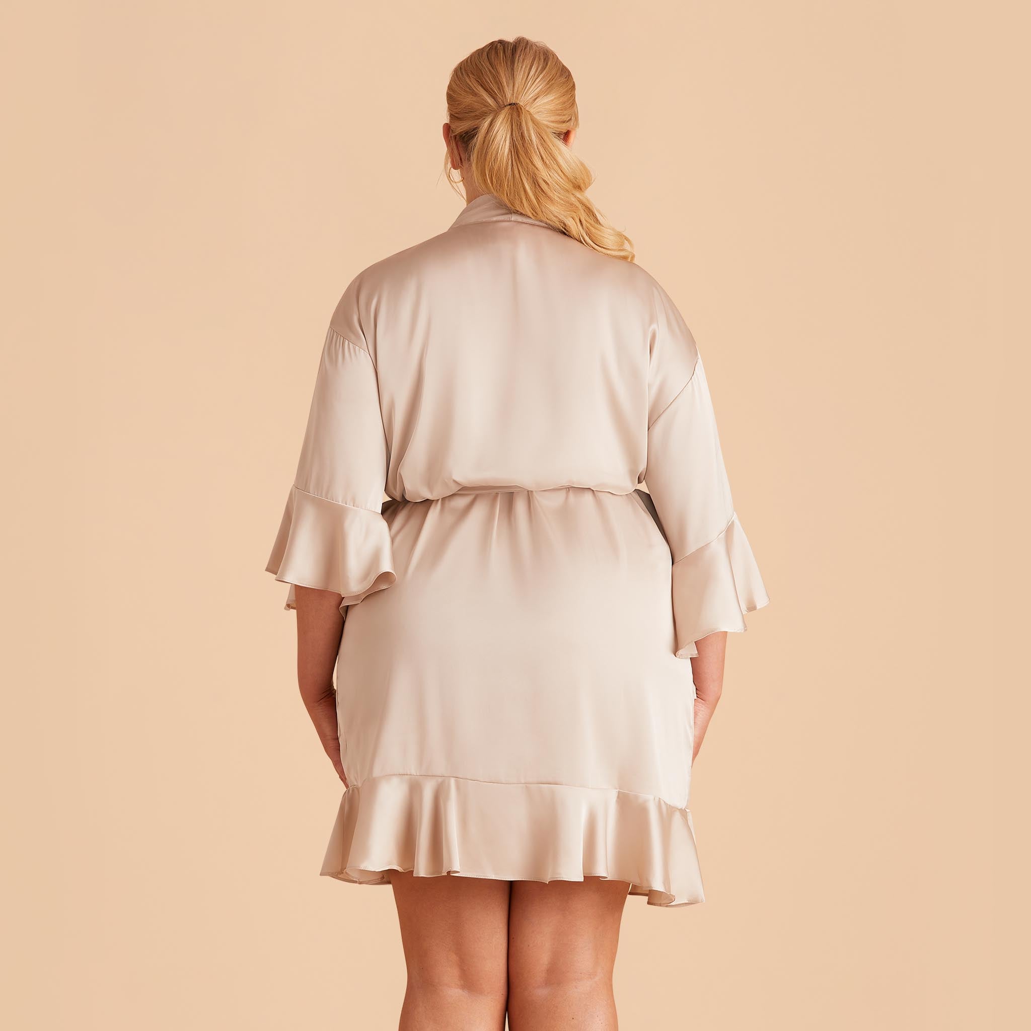 Kenny Ruffle Robe in champagne satin by Birdy Grey, back view