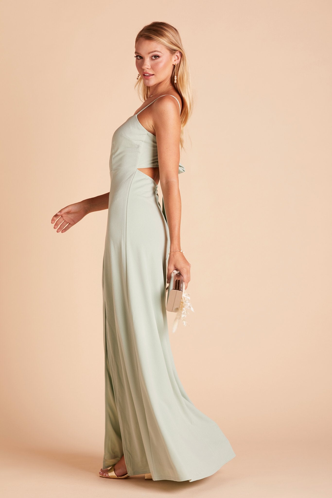 Benny bridesmaid dress in sage green crepe by Birdy Grey, side view