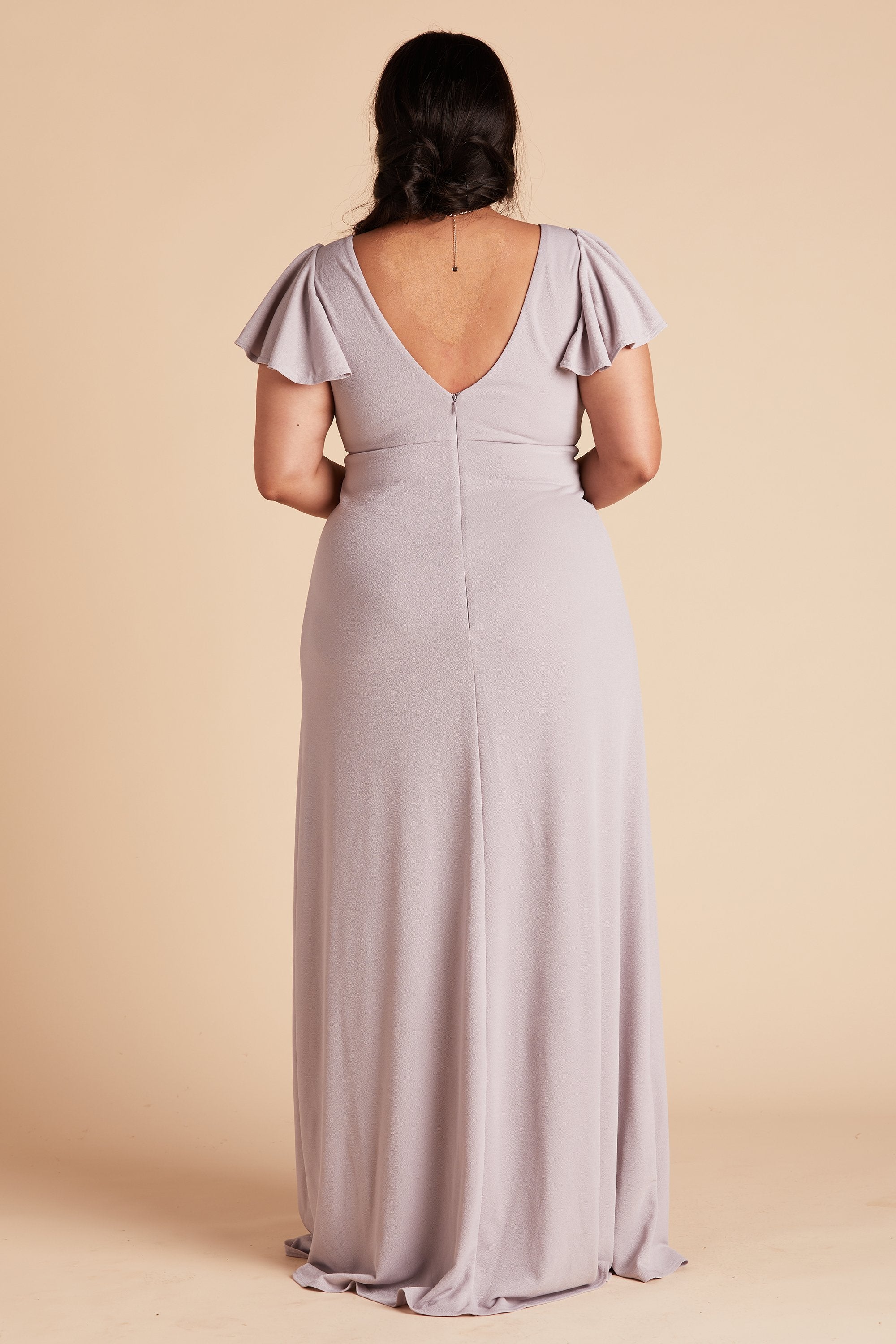 Hannah plus size bridesmaid dress with slit in lilac purple crepe by Birdy Grey, back view