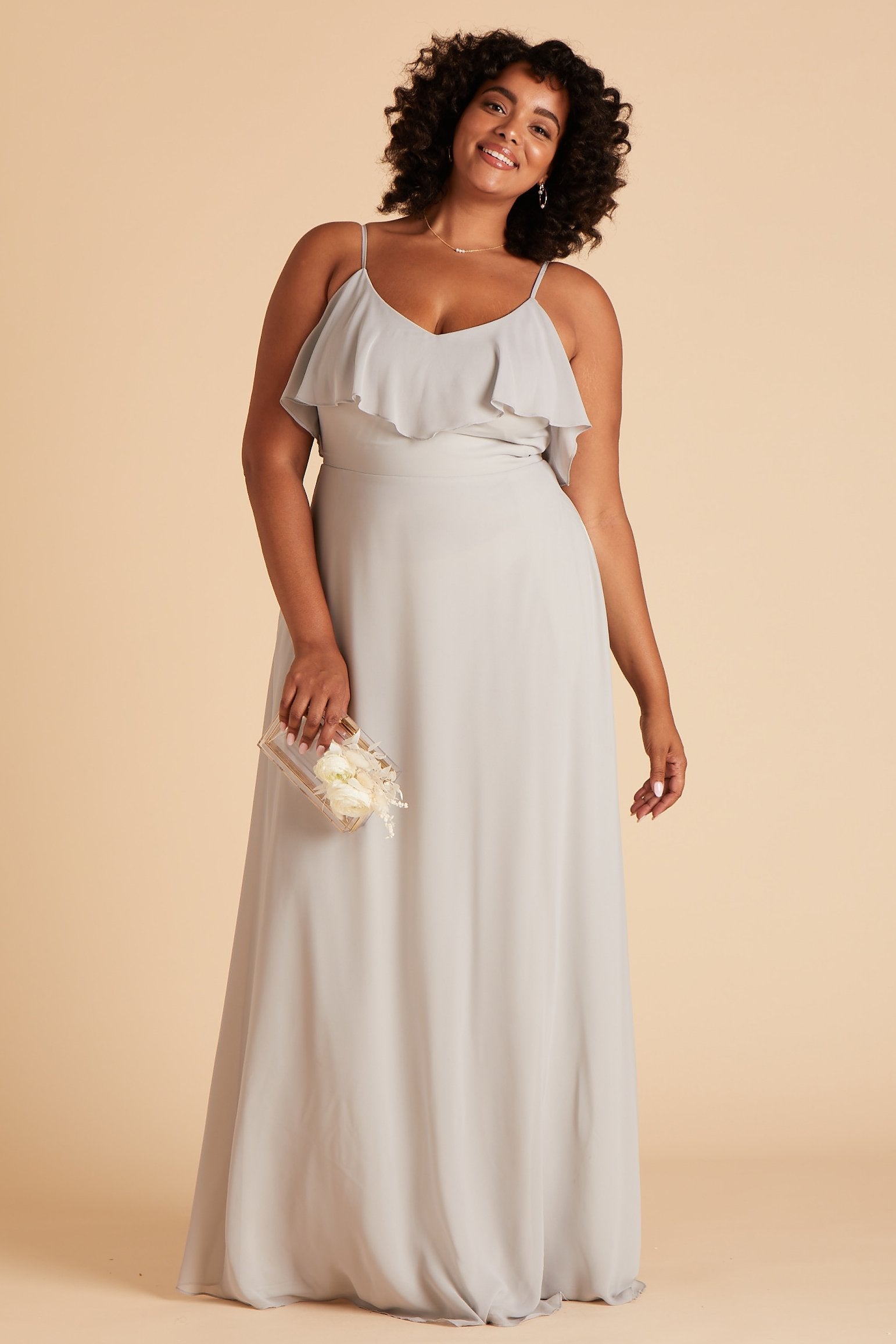 Jane convertible plus size bridesmaid dress in dove gray chiffon by Birdy Grey, front view