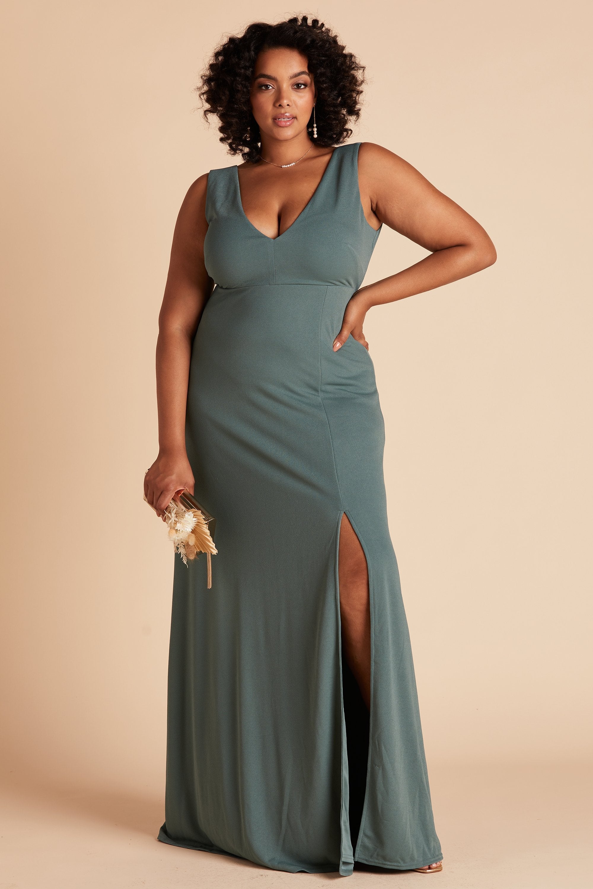 Shamin plus size bridesmaid dress with slit in sea glass green chiffon by Birdy Grey, front view