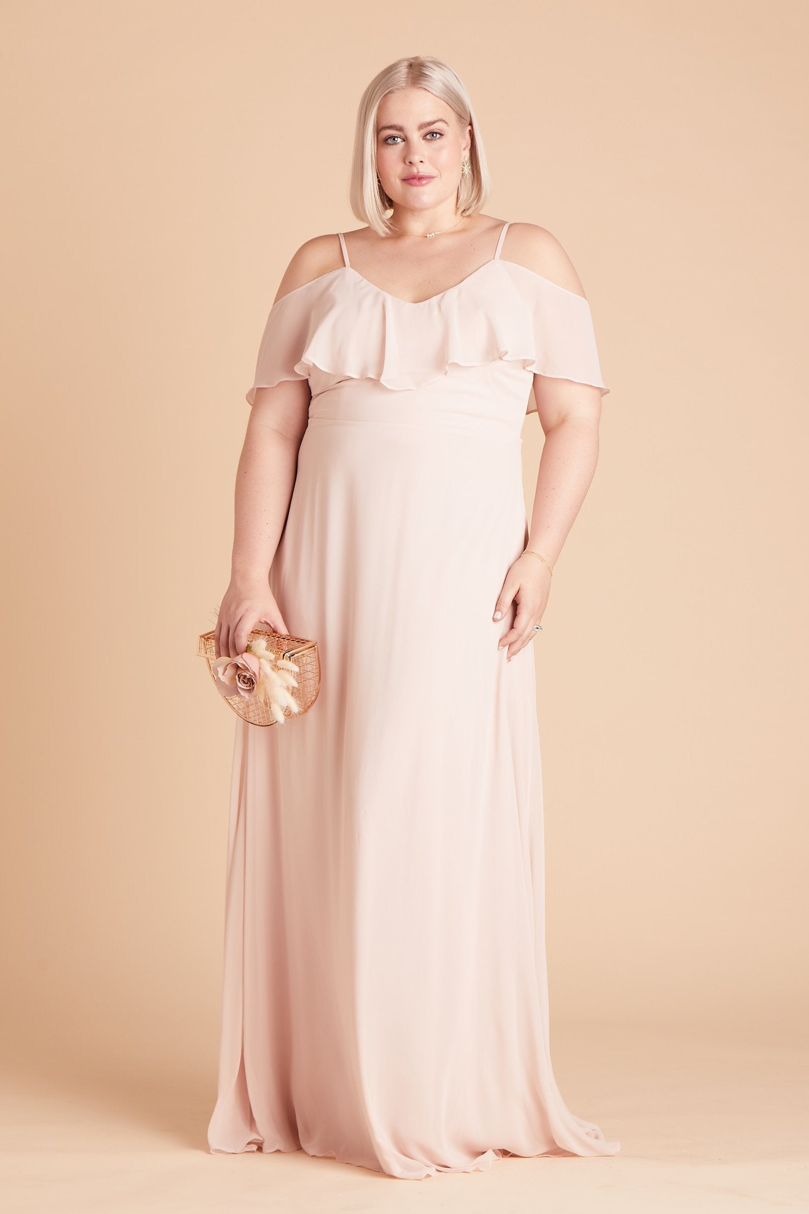 Jane convertible plus size bridesmaid dress in pale blush chiffon by Birdy Grey, front view