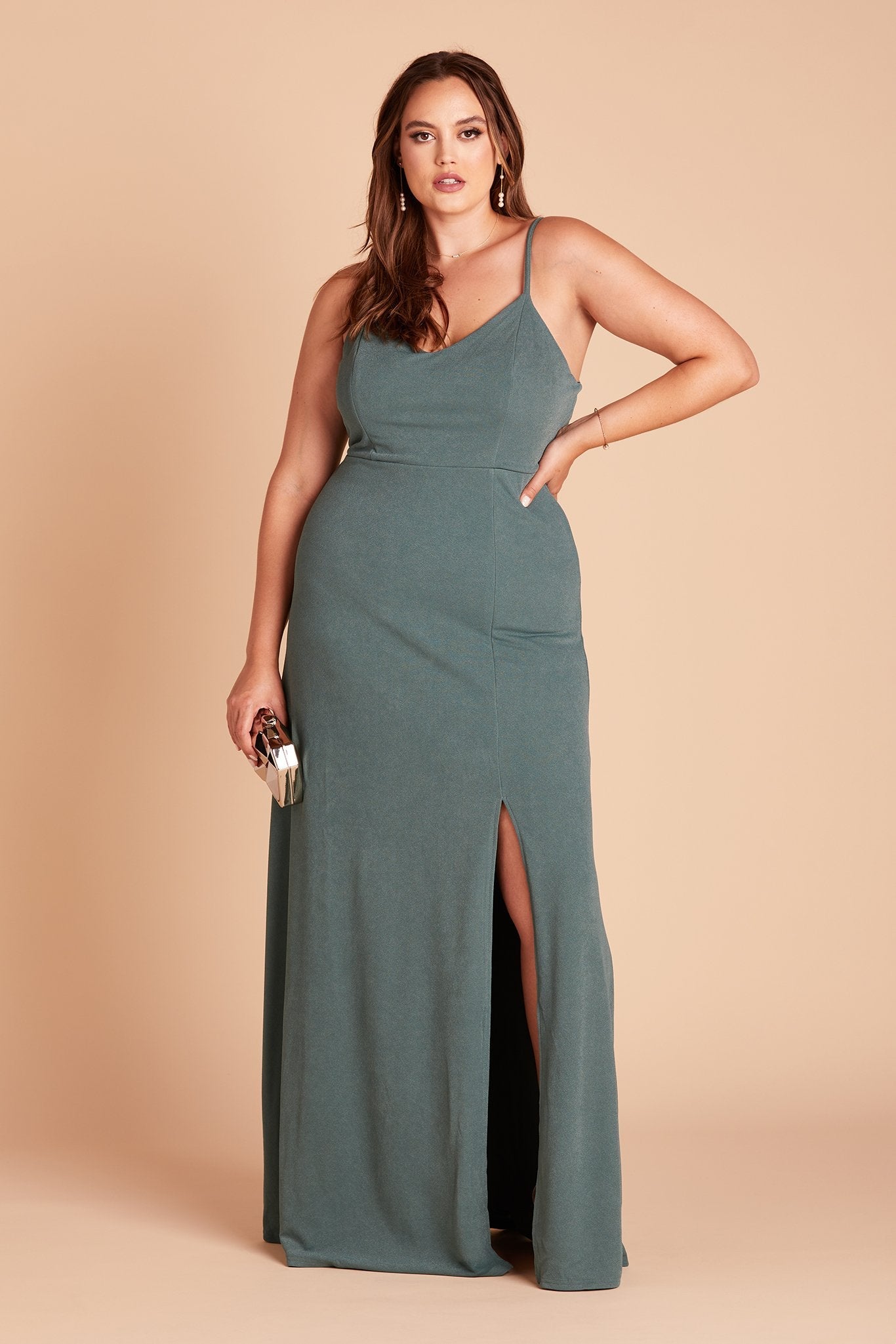 Jay plus size bridesmaid dress with slit in sea glass green crepe by Birdy Grey, front view