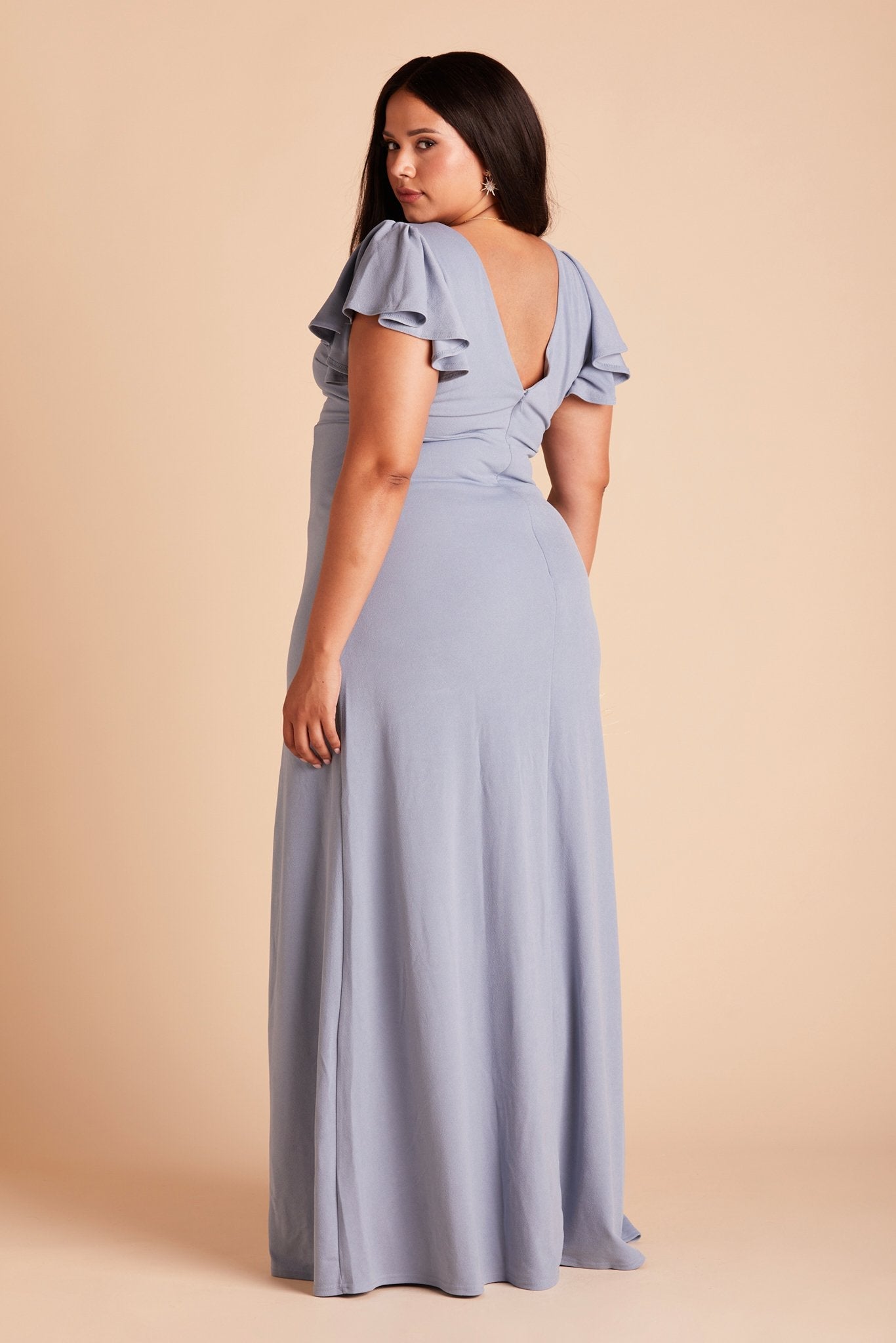 Hannah plus size bridesmaid dress with slit in dusty blue crepe by Birdy Grey, side view