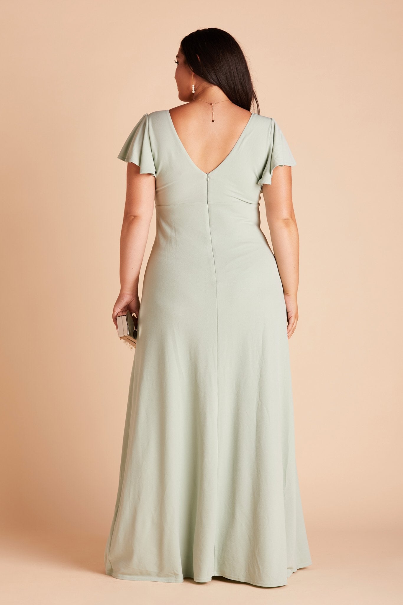 Hannah plus size bridesmaid dress with slit in sage green crepe by Birdy Grey, back view