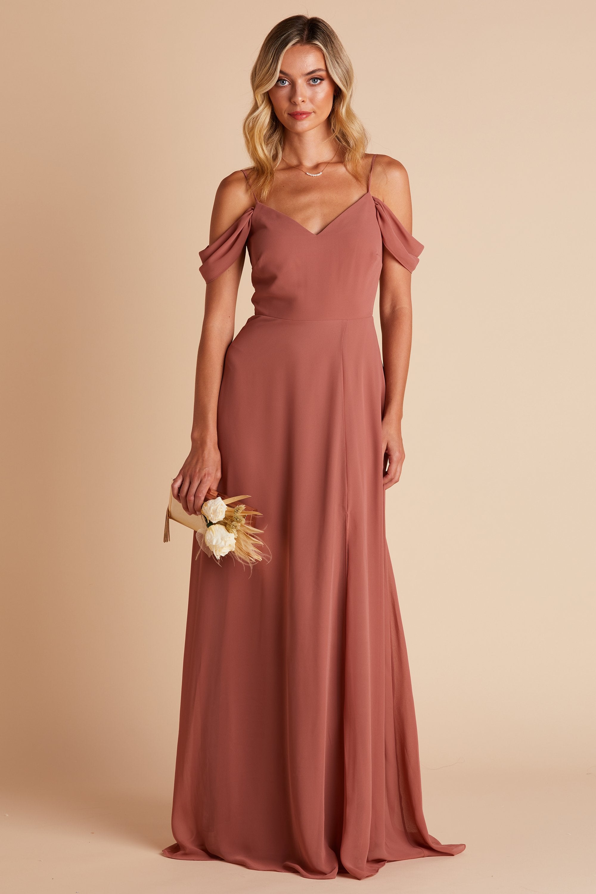 Front view of the Devon Convertible Dress in desert rose chiffon worn by a slender model with a light skin tone. 