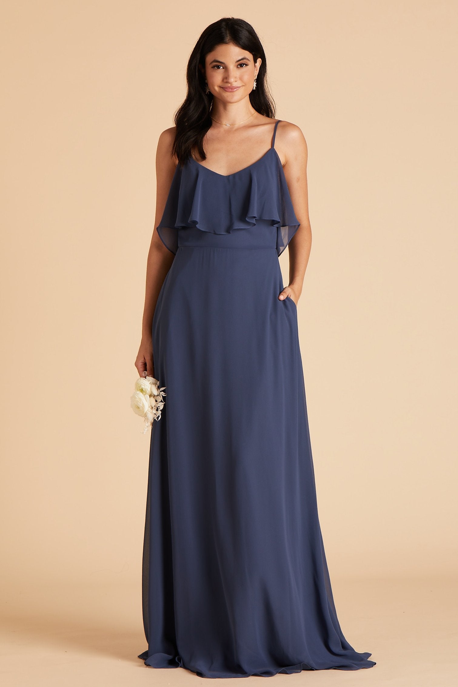 Jane convertible bridesmaid dress in slate blue chiffon by Birdy Grey, front view with hand in pocket