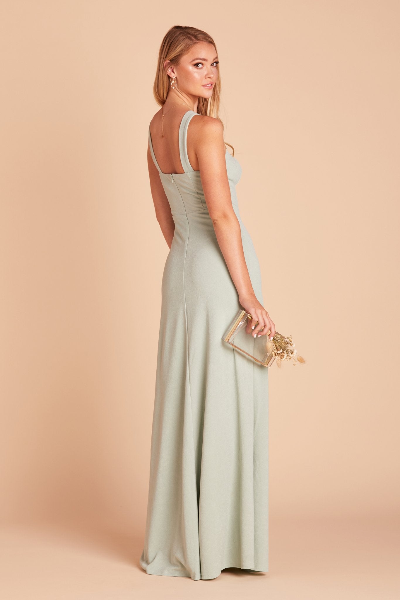Gene bridesmaid dress with slit in sage green crepe by Birdy Grey, side view