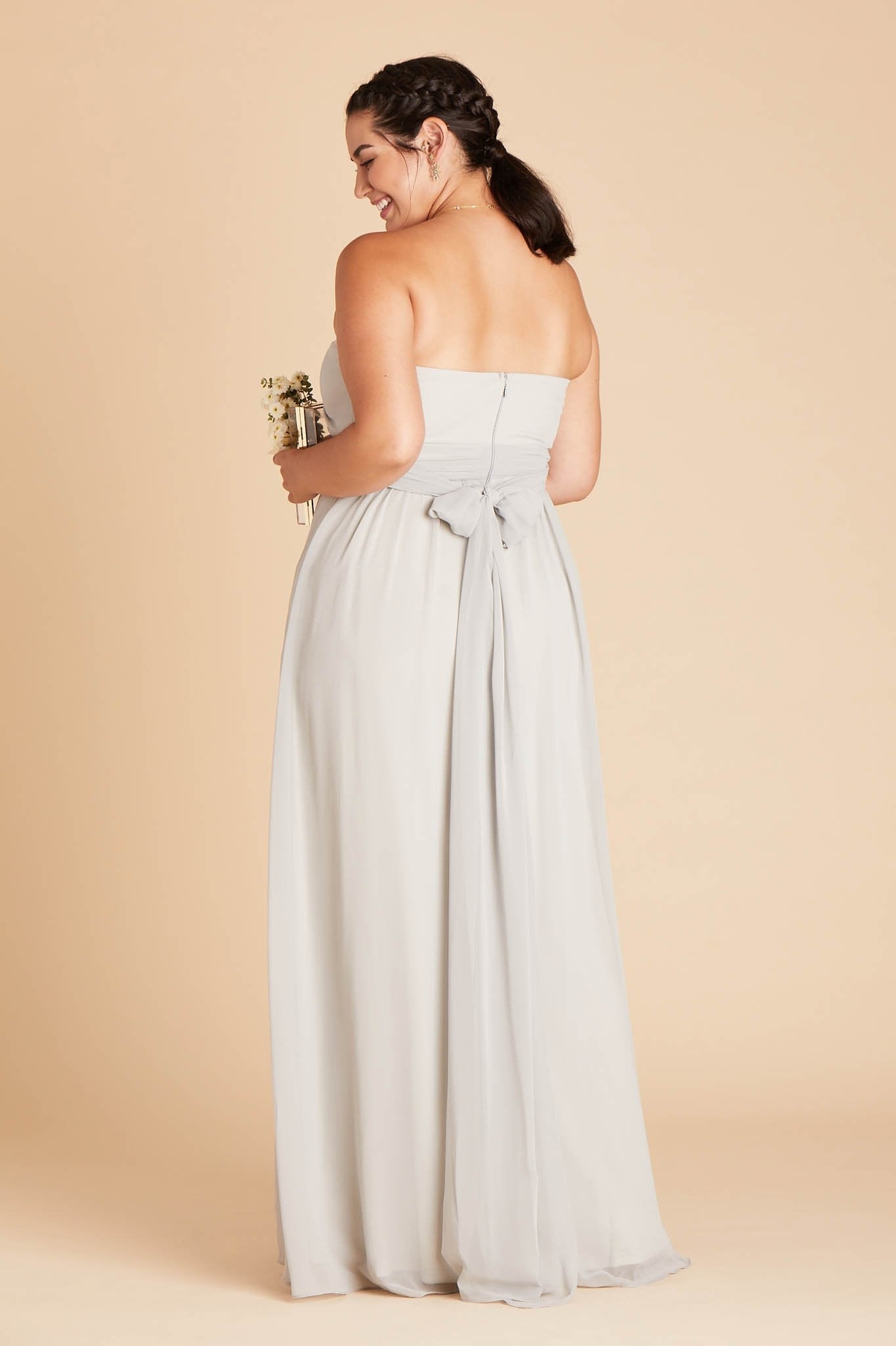 Grace convertible plus size bridesmaid dress in dove gray chiffon by Birdy Grey, back view