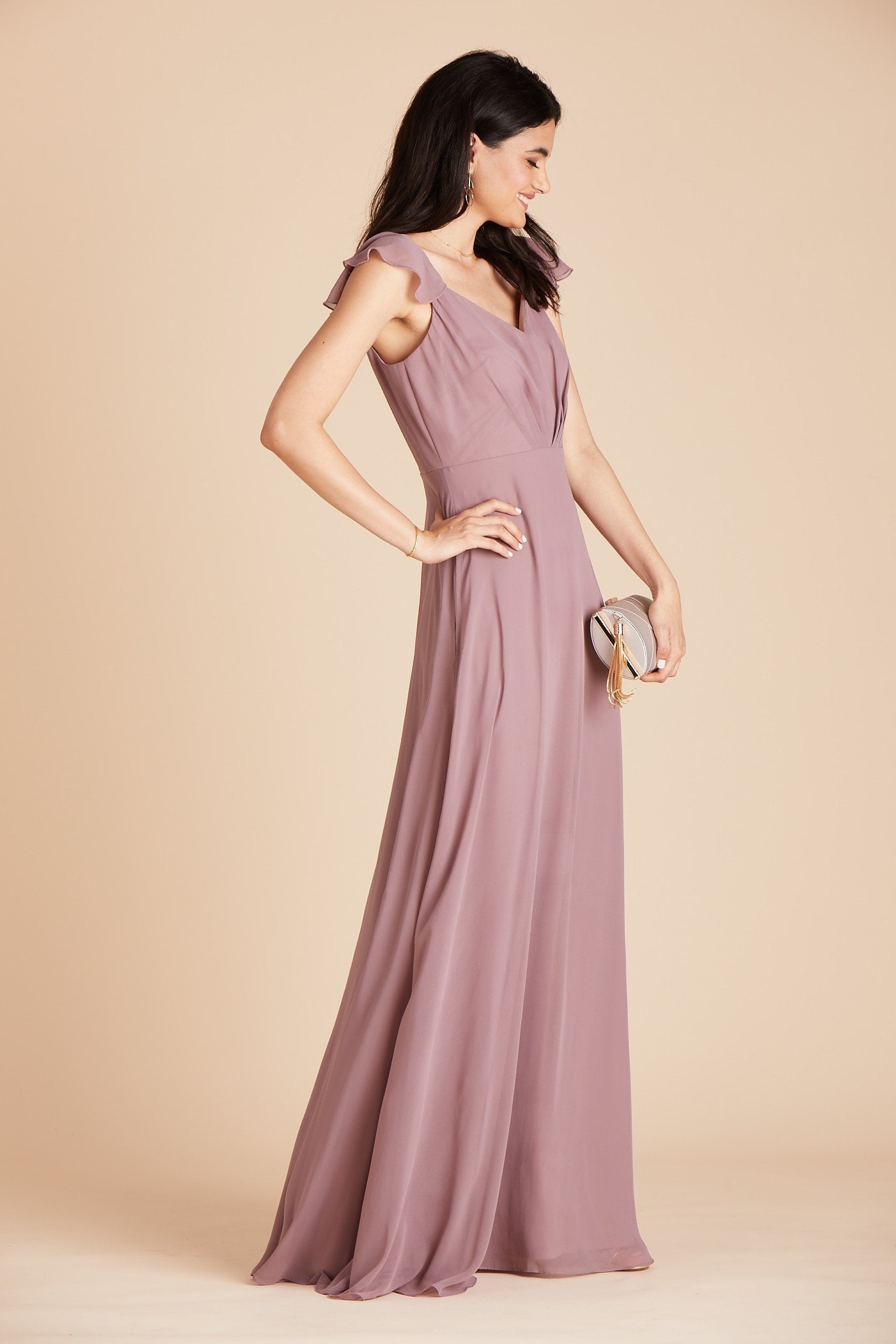 Kae bridesmaids dress in dark mauve purple chiffon by Birdy Grey, side view