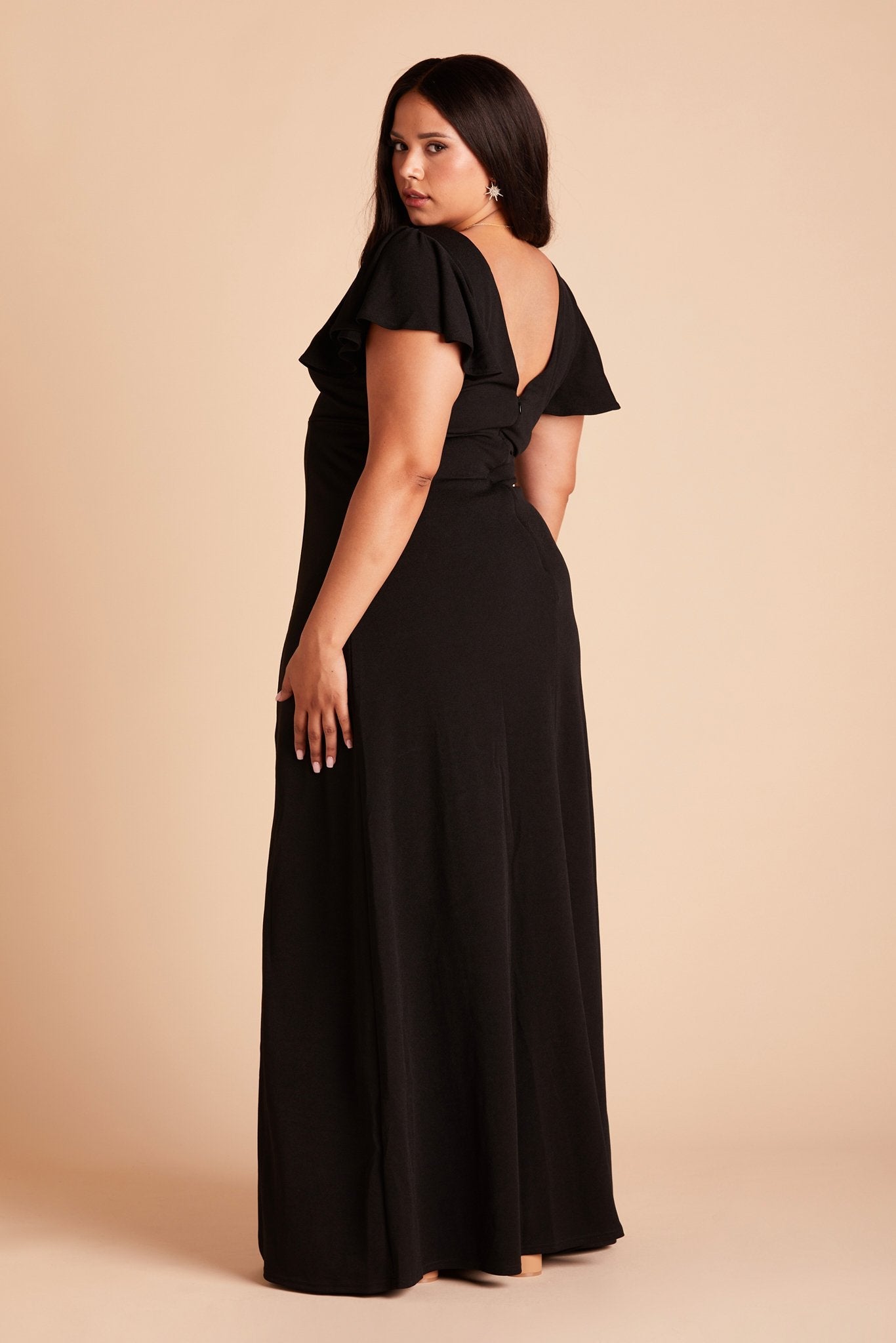 Hannah plus size bridesmaid dress with slit in black crepe by Birdy Grey, side view
