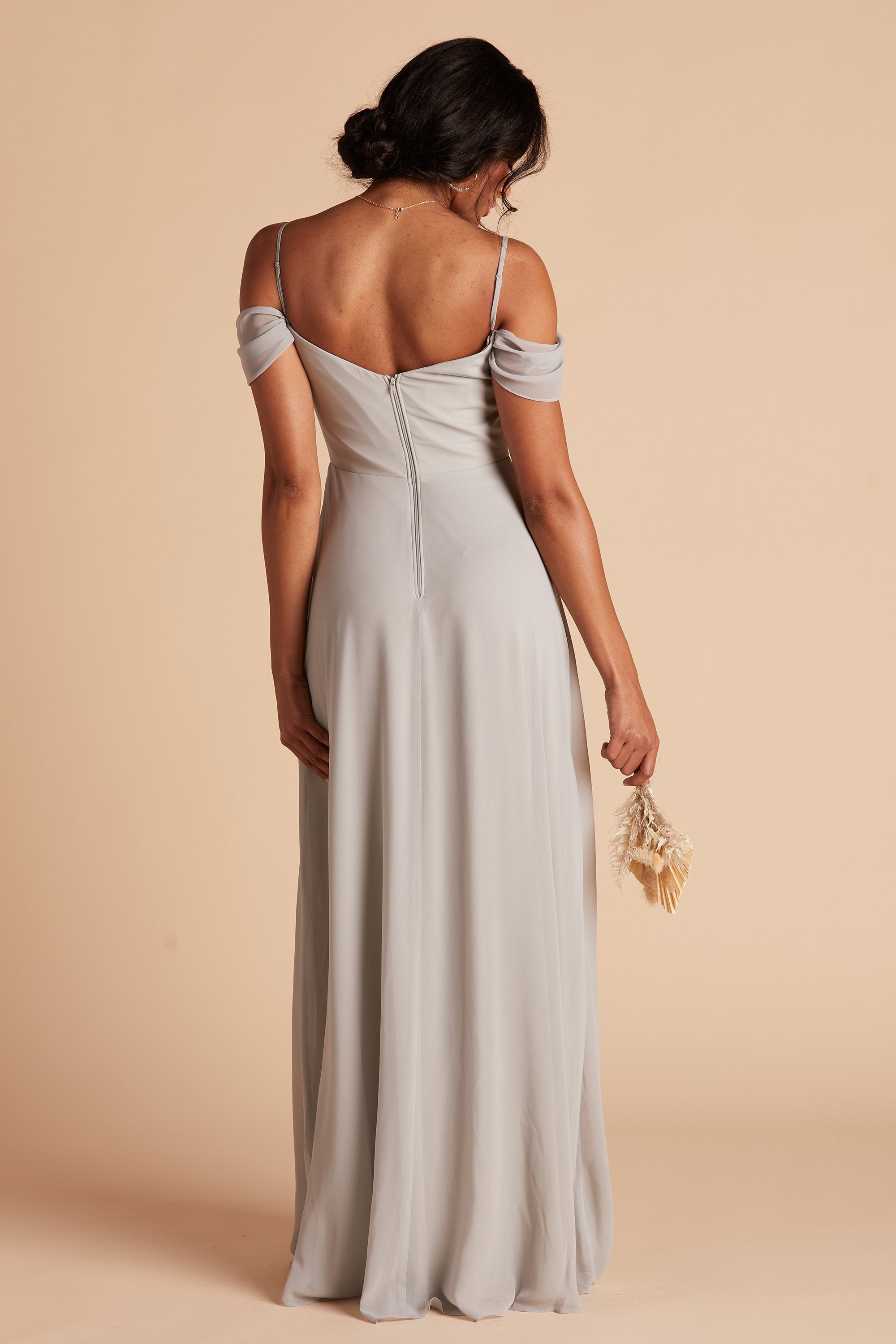 Devin convertible bridesmaid dress with slit in dove gray chiffon by Birdy Grey, back view