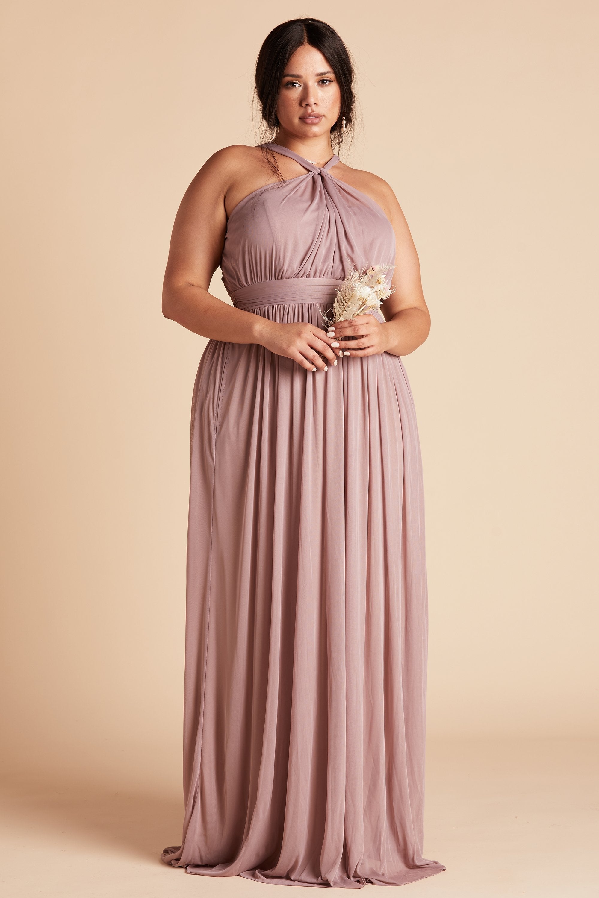Kiko plus size bridesmaid dress in mauve pink chiffon by Birdy Grey, front view