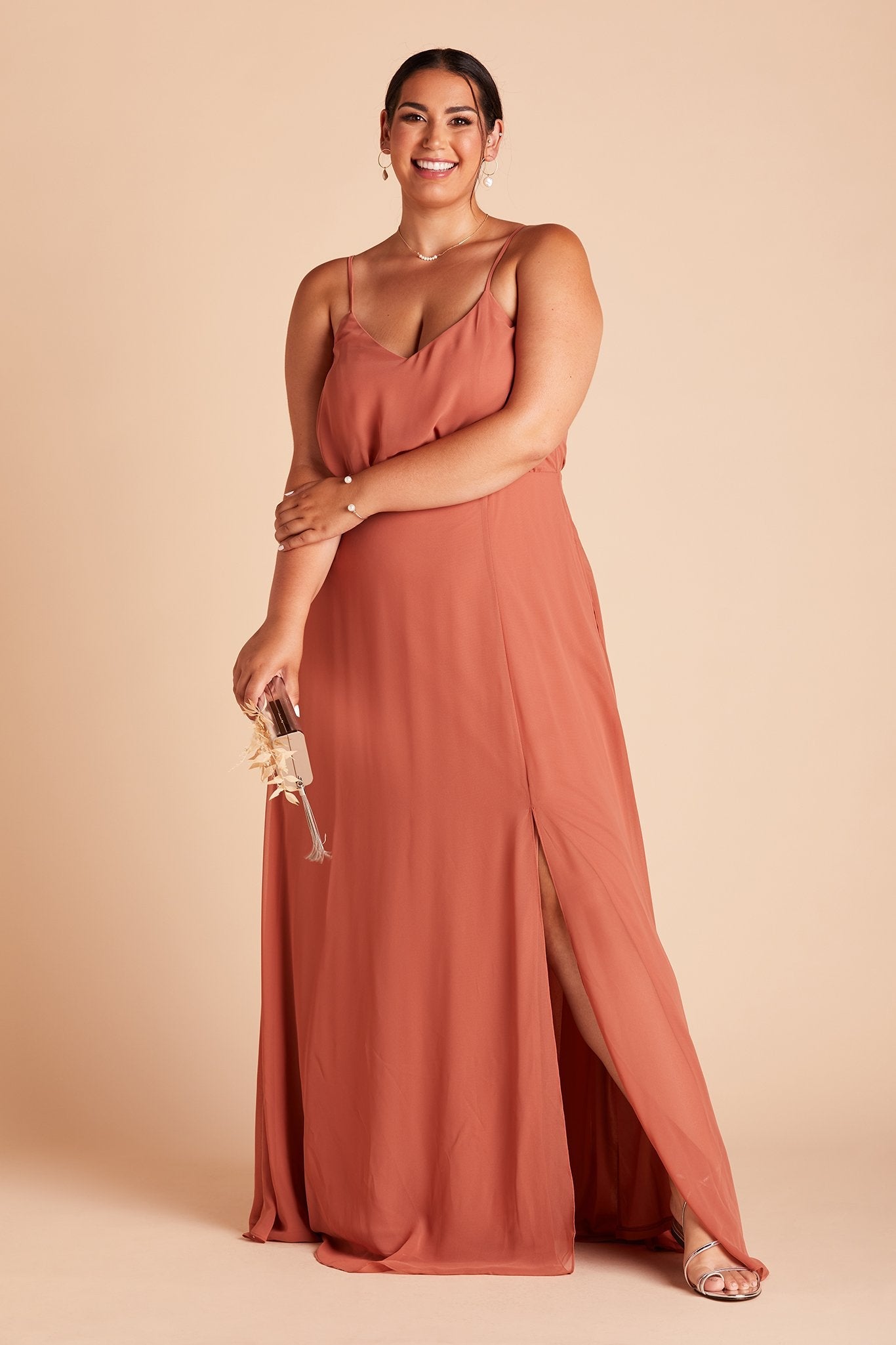 Gwennie plus size bridesmaid dress with slit in terracotta chiffon by Birdy Grey, front view